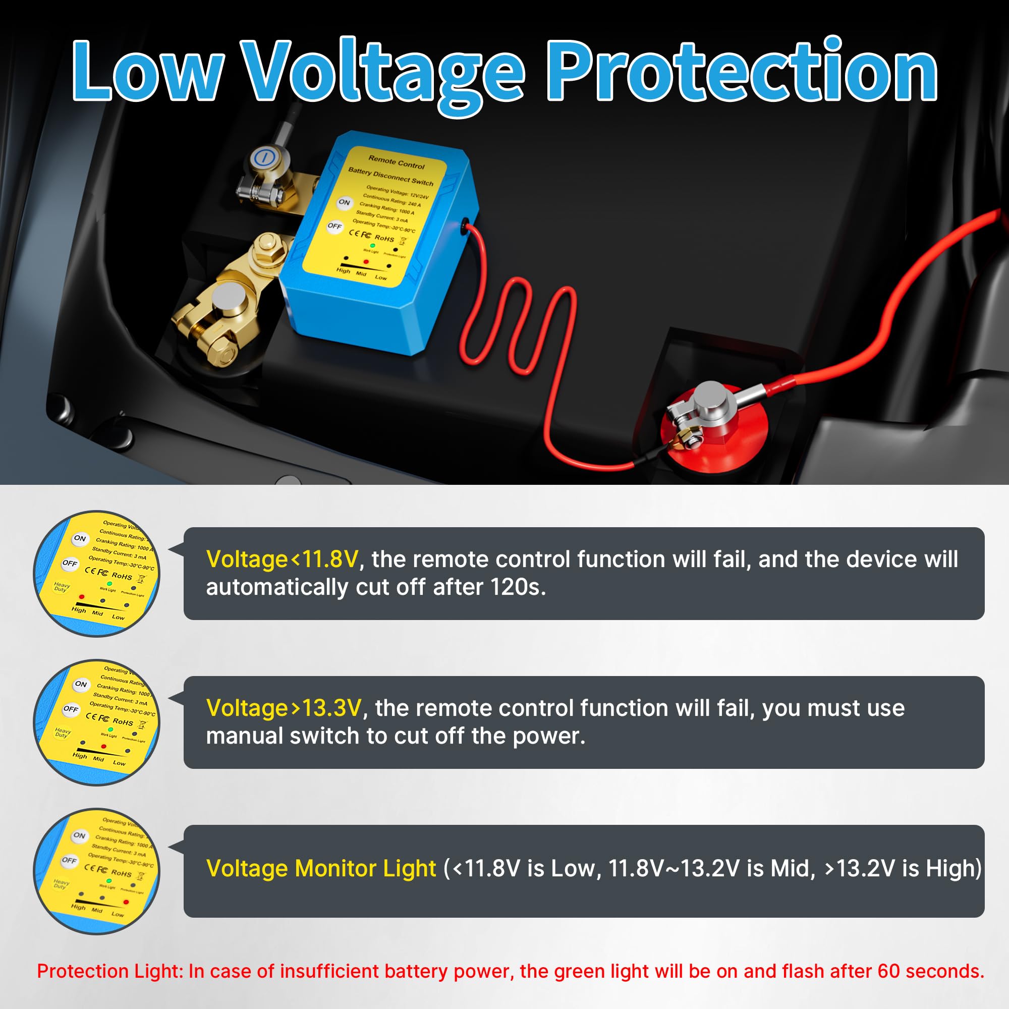Joinfworld Remote Battery Disconnect Switch 12V 240A Kill Switch For Car Anti Theft Automatic Shut Off Switch With Wireless Remo