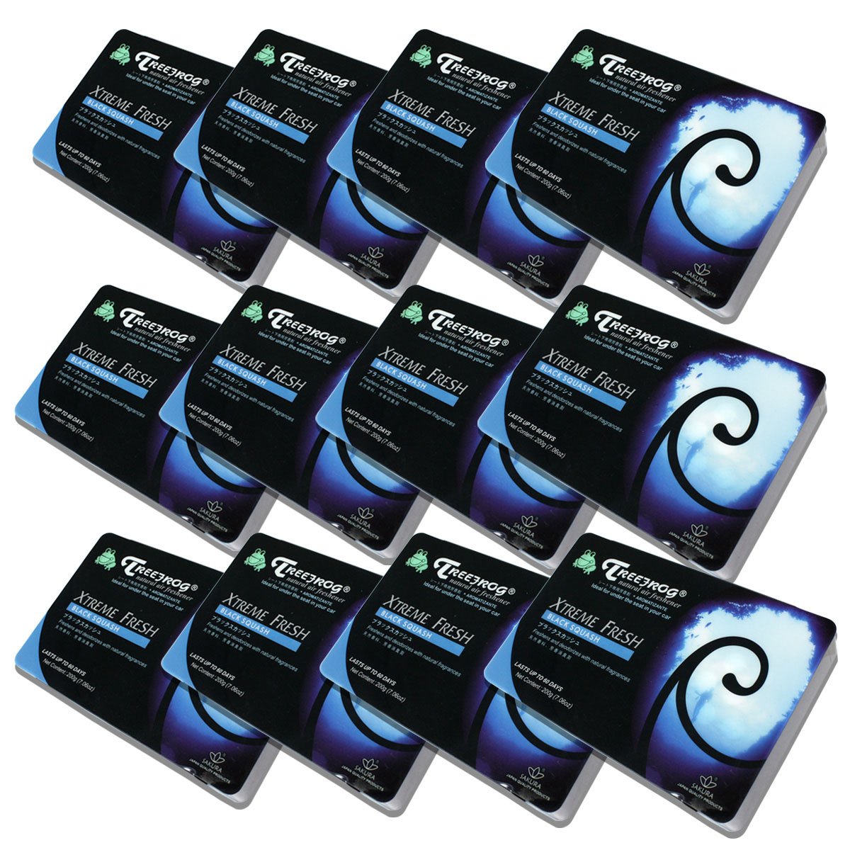 Pack Of 12 Treefrog Xtreme Fresh Under-The-Car Natural Air Freshener (Black Squash Scented)