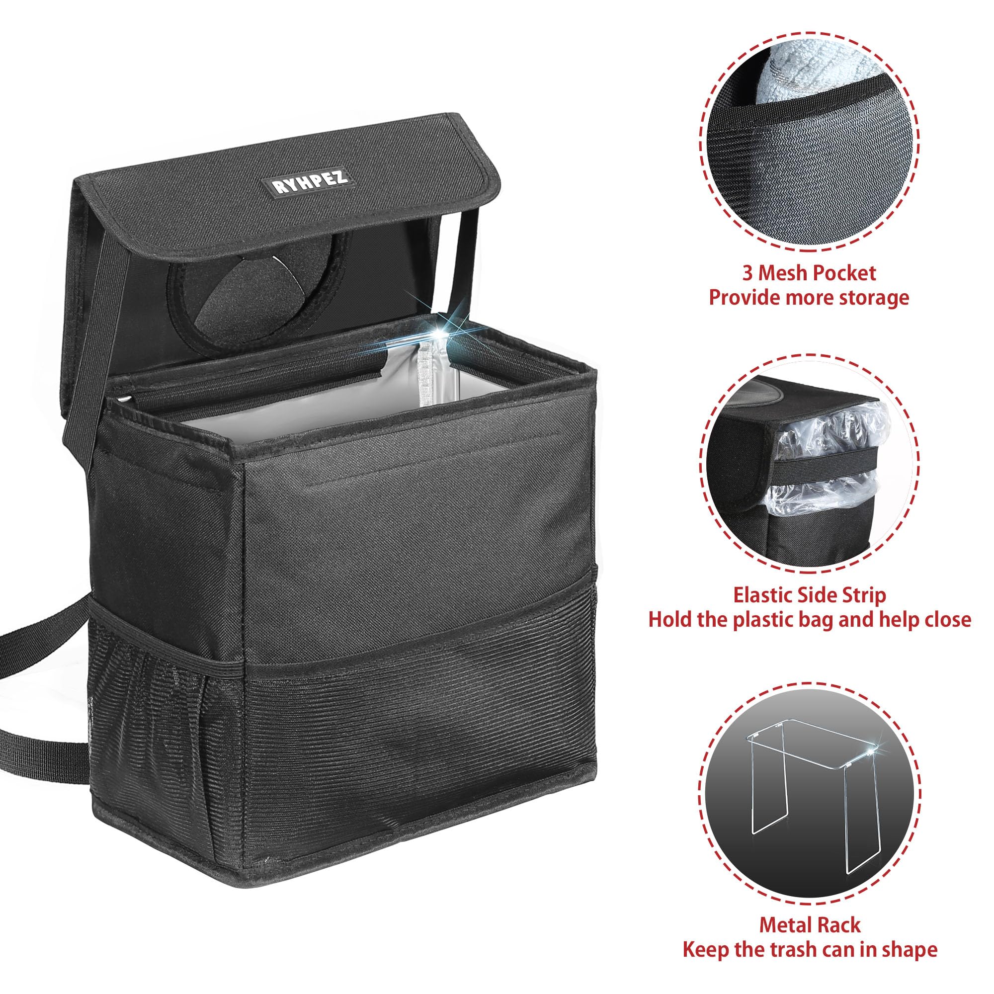 Ryhpez Car Trash Can With Lid - Car Trash Bag Hanging With Storage Pockets Collapsible And Portable Car Garbage Can With Metal R