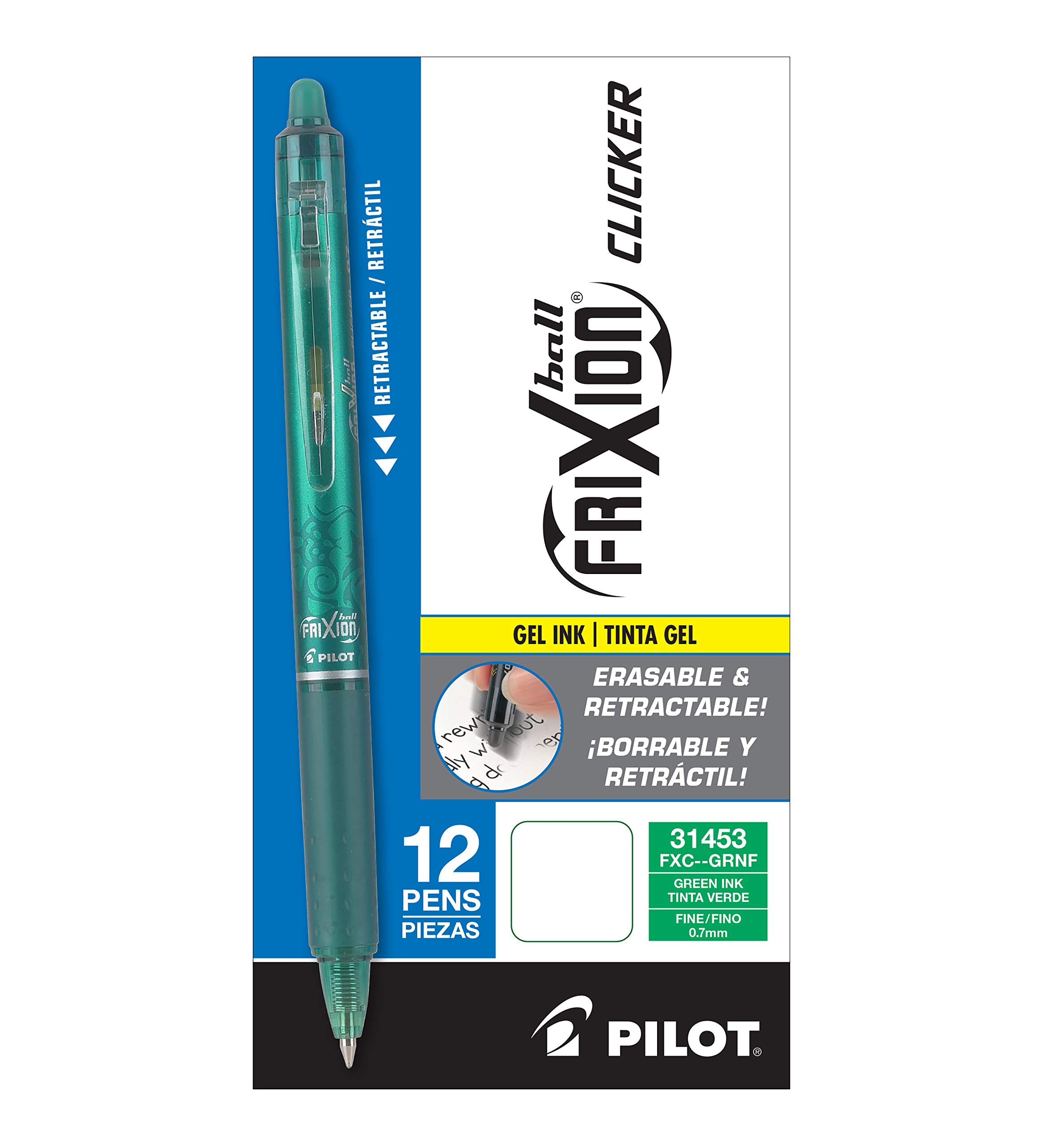 Pilot, Frixion Clicker Erasable Gel Pens, Fine Point 0.7 Mm, Pack Of 12, Green