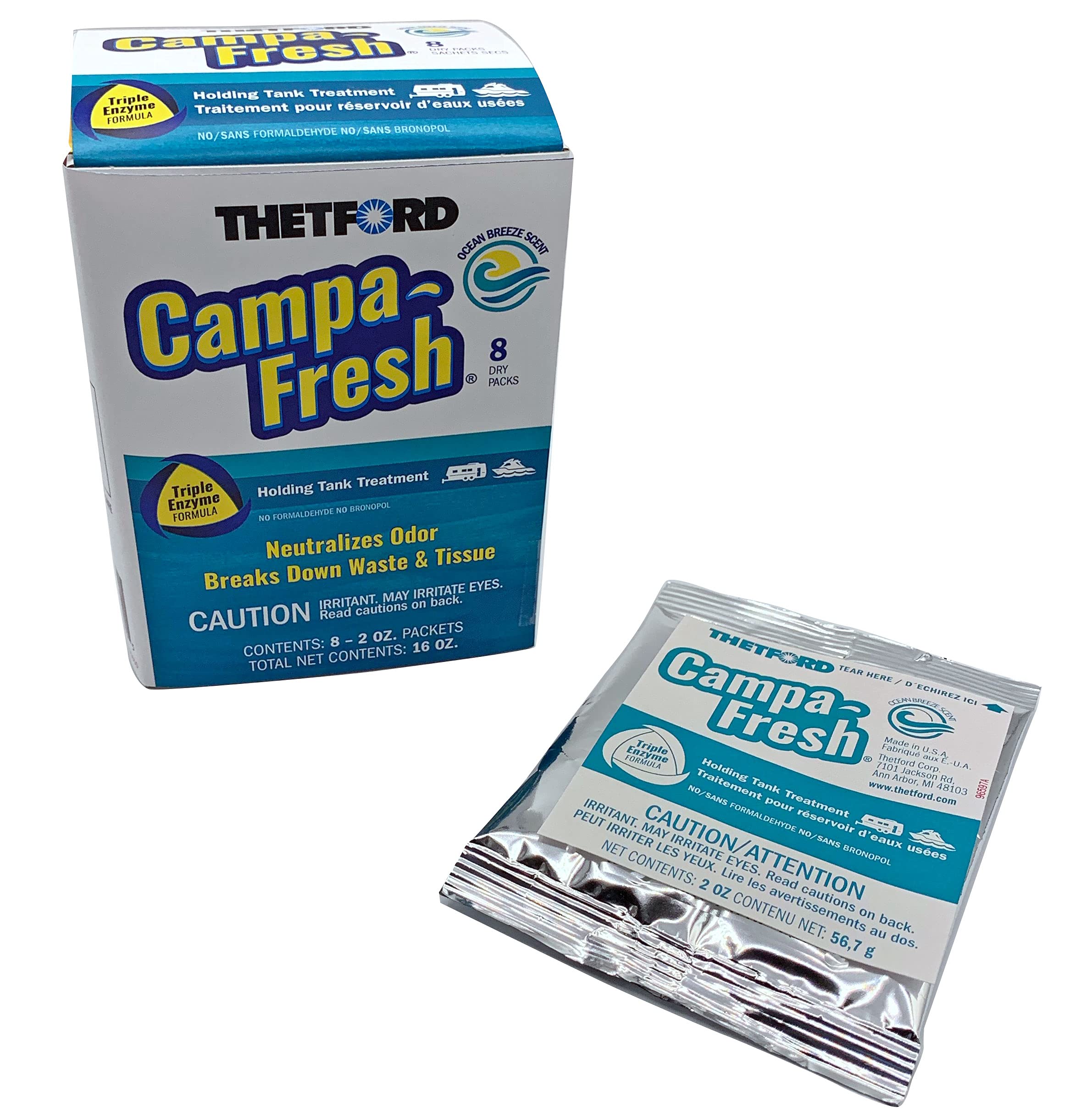 Thetford Campa-Fresh Ocean Breeze Scent Rv Holding Tank Treatment, Formaldehyde Free, Waste Digester, Septic Tank Safe, 8 Pack Dripack (96702)
