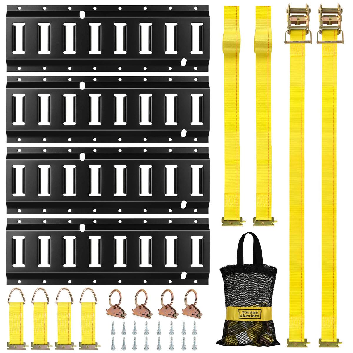 E Track Rail Tie-Down Kit - Trailer Tie Downs & Anchors, Cargo Control System - 4 Rails (16 Tracks) & E Track Accessories Kit -