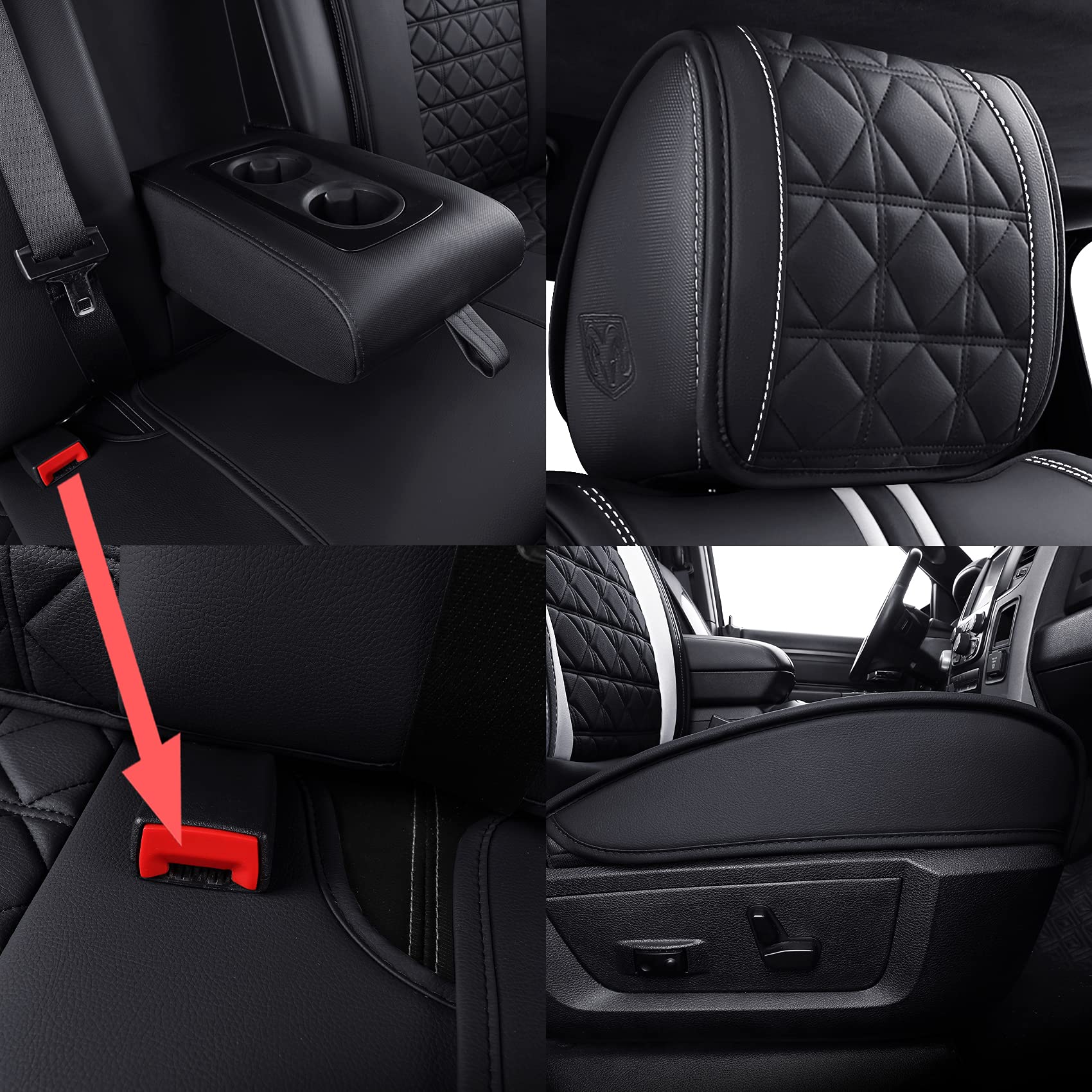 Yiertai Dodge Ram Seat Covers For 2009-2025 1500Hd 2010-2025 2500/3500Hd Crew Double Cab Quad Cab Laramie Tradesman Truck Waterproof Faux Leather(5 Pcs Full Set/Black-White)
