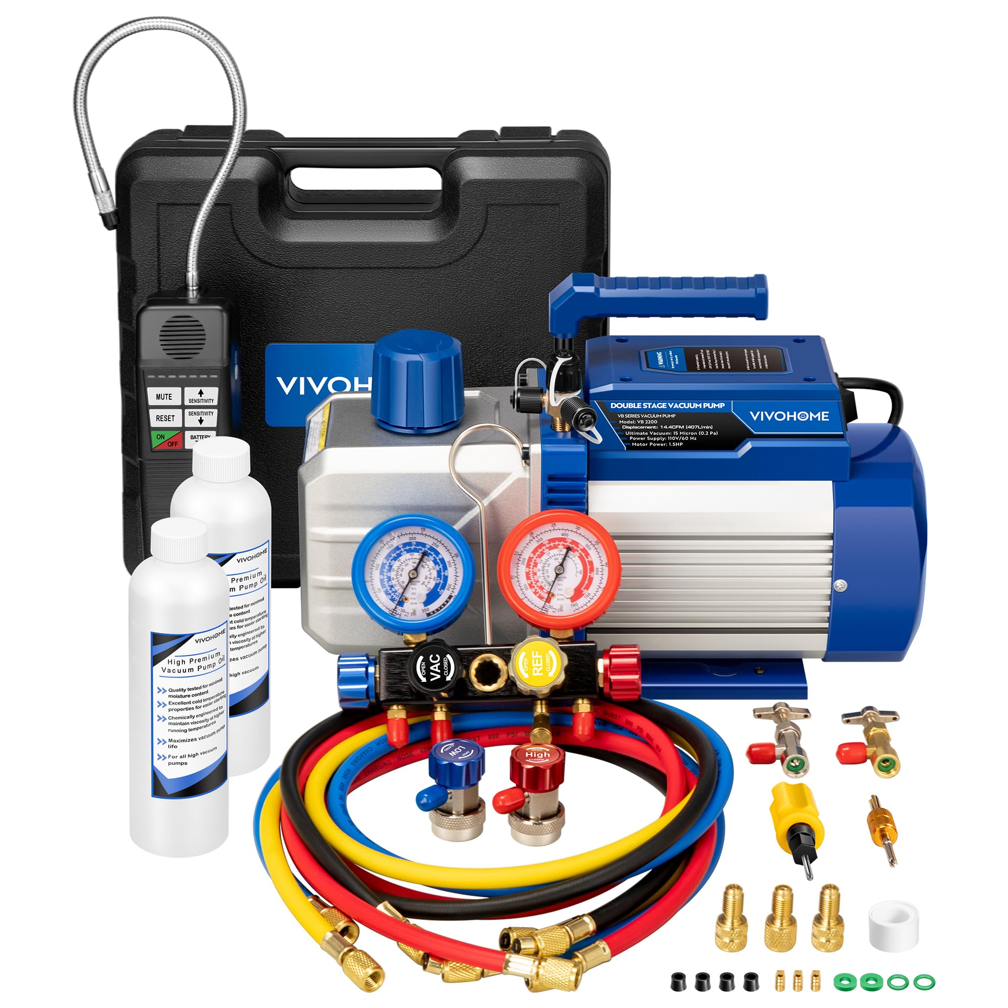 VIVOHOME 1.5 HP 14.4 CFM 2 Stage HVAC Vacuum Pump and 4 Way AC Manifold Gauge Set Kit with Leak Detector 5ft Hoses for R134a R12