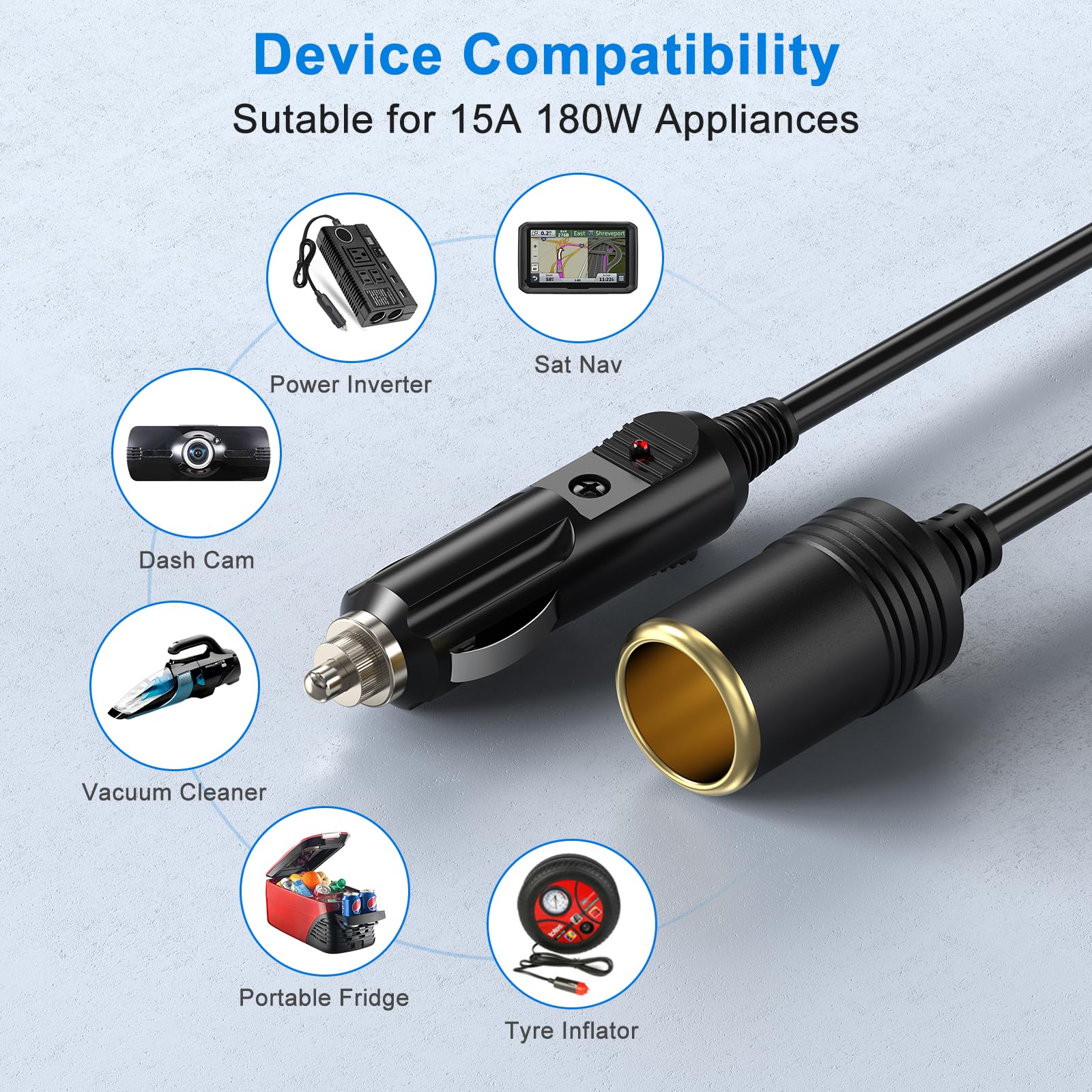 Amacam 12V/24V Car Charger Extension-Heavy Duty 19.68Ft Cable With Inline Cigarette Lighter Socket. Suitable For Tire Inflators