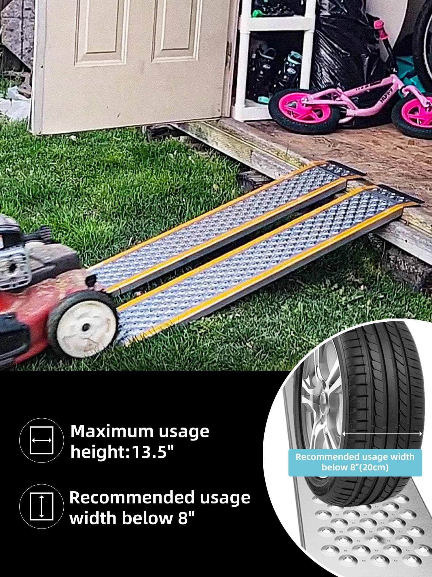 WHALEMOTOR Aluminum Shed Ramp 2PC, 4' Long 8'' Wide Loading Ramp for Riding Mower, 880 lbs Capacity for Lawn Mower, ATV, Motorcy