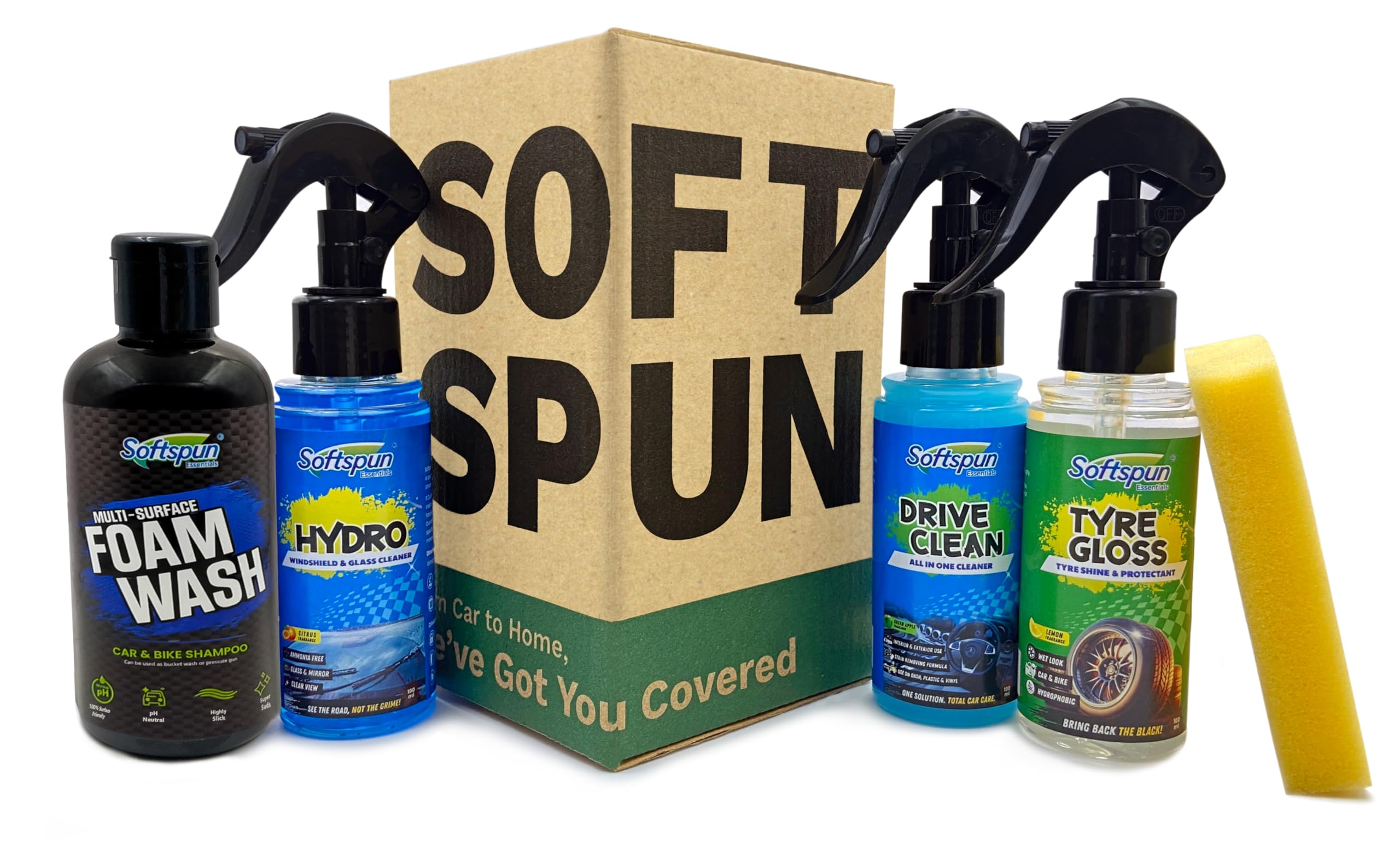 Softspun Essentials Car Clean & Wash Starter Kit - Made For Cars And Motorcycles 5 Piece Kit, Total 500Ml, Combined (Shampoo, Wi