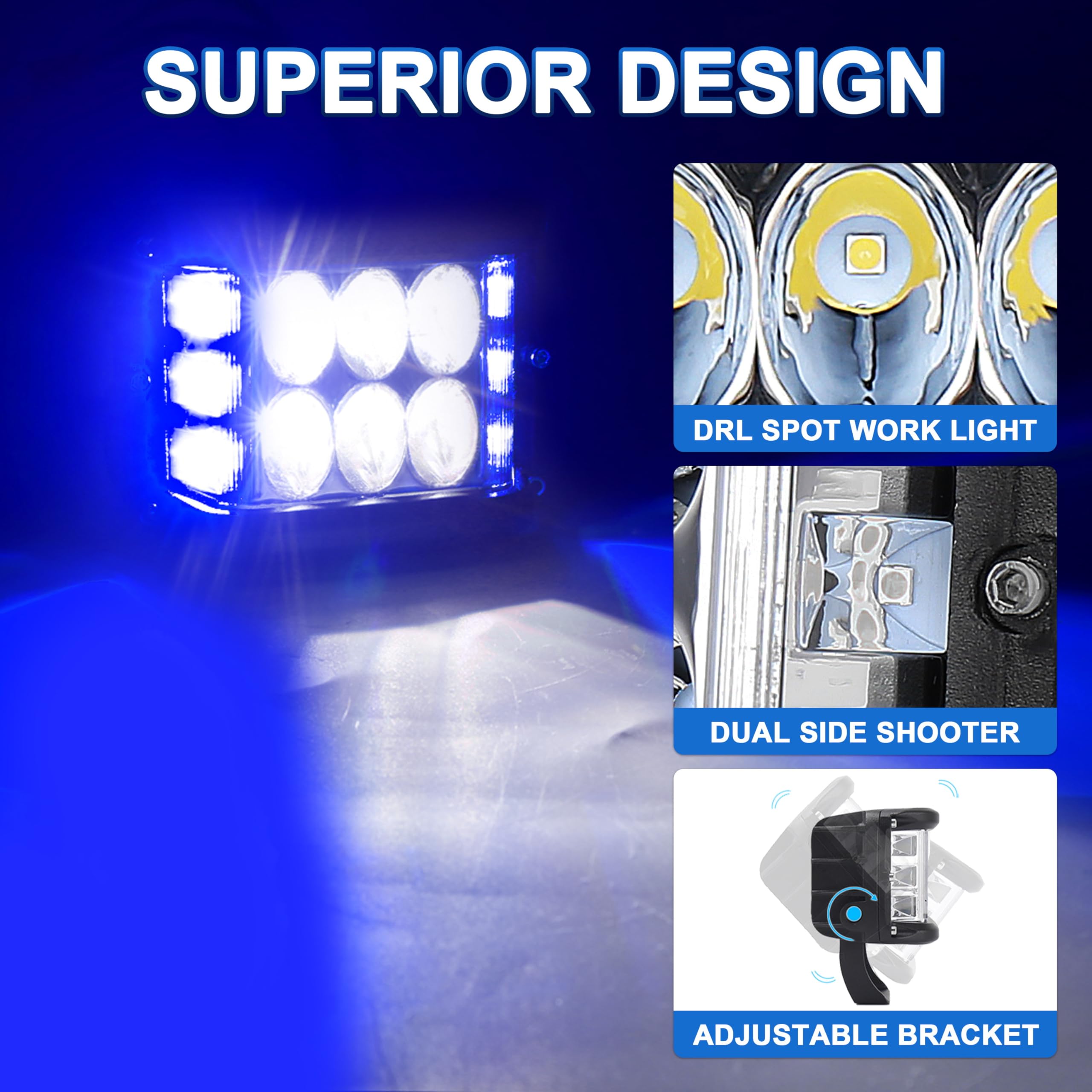Hoyuza Side Shooter Pod Lights 4 Inch Dual Side Blue Strobe Led Cube Lights For Farm Tractor Plow Truck Boat Atv Utv Suv Off-Roa