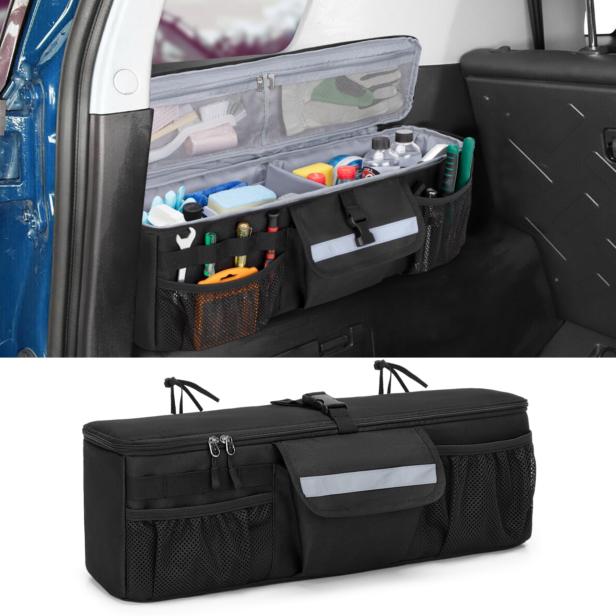 GRAOSO Car Trunk Organizer Compatible with Toyota FJ Cruiser 2007-2021, Rear Storage Bag with 3 Pieces of 1.5    Wide Hook&Loop 