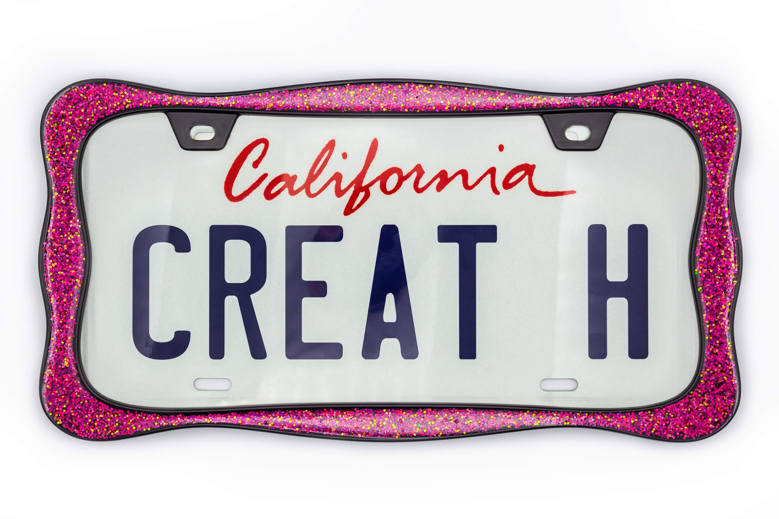 Creathome 3D Shining License Plate Frame, Black Powder Coated With Pink Chunky Gliter, Pure Zinc Alloy Metal