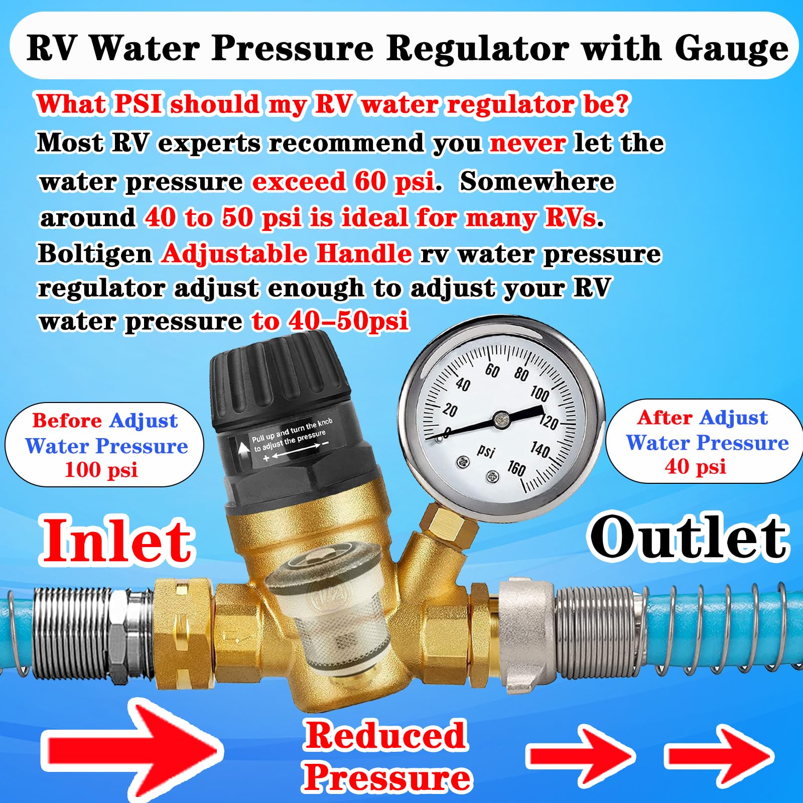 Rv Water Pressure Regulator With Adjustable Handle, Water Pressure Regulator For Rv Camper, Upgrade Water Pressure Reducer For R
