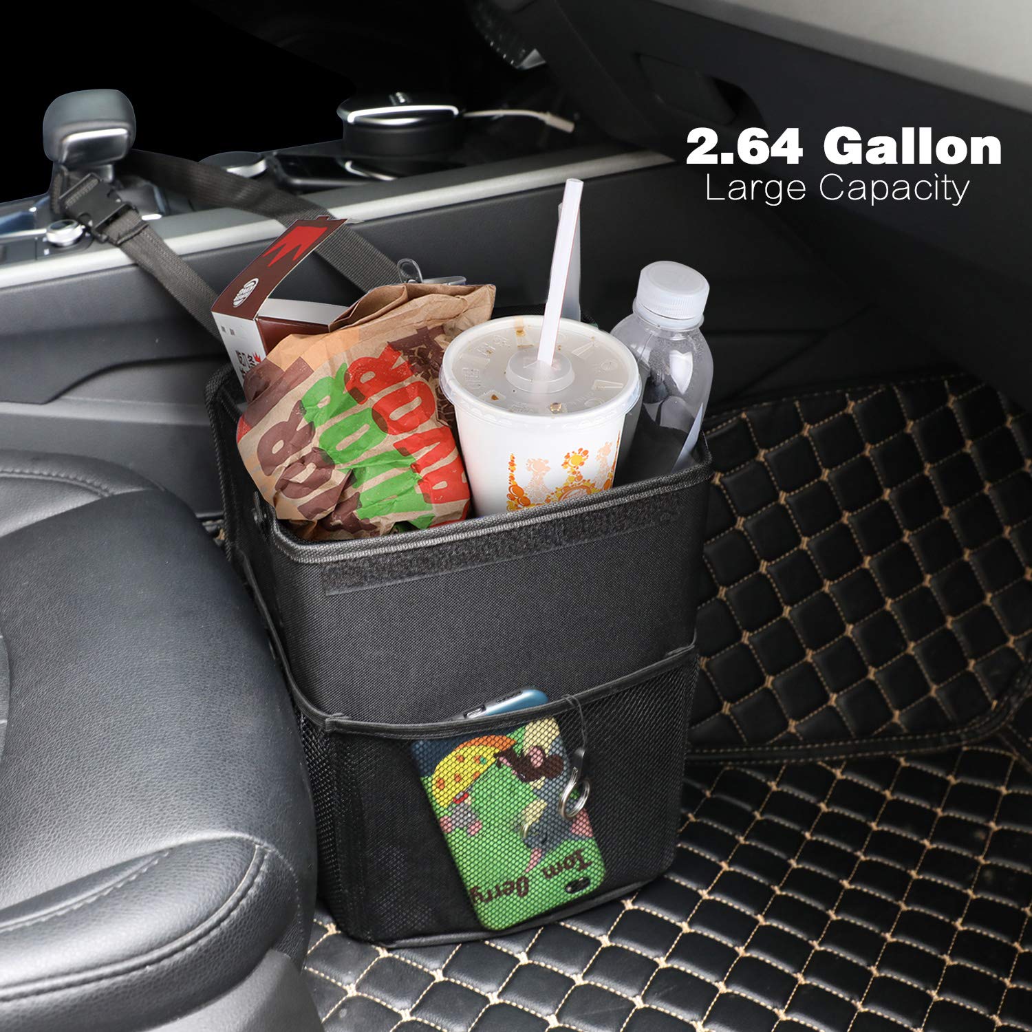 Powertiger Car Accessories Hanging Car Trash Can Bin - Car Garbage Cans Bag With Lid & 3 Mesh Storage Pockets 2.64 Gallon