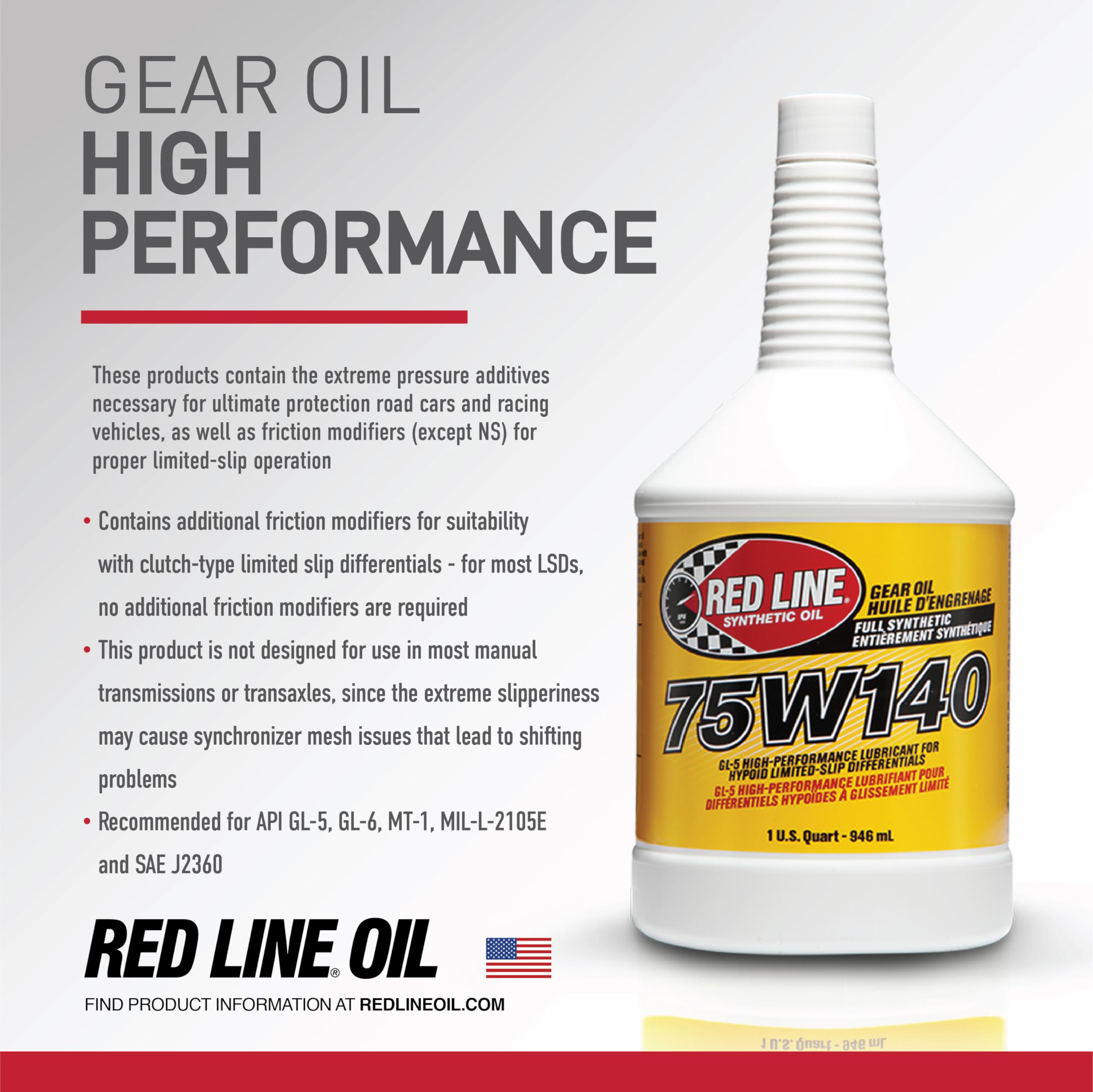 Red Line 57914 75W140 Gl-5 Synthetic Gear Oil For Hypoid Limited Slip Differentials - 1 Quart