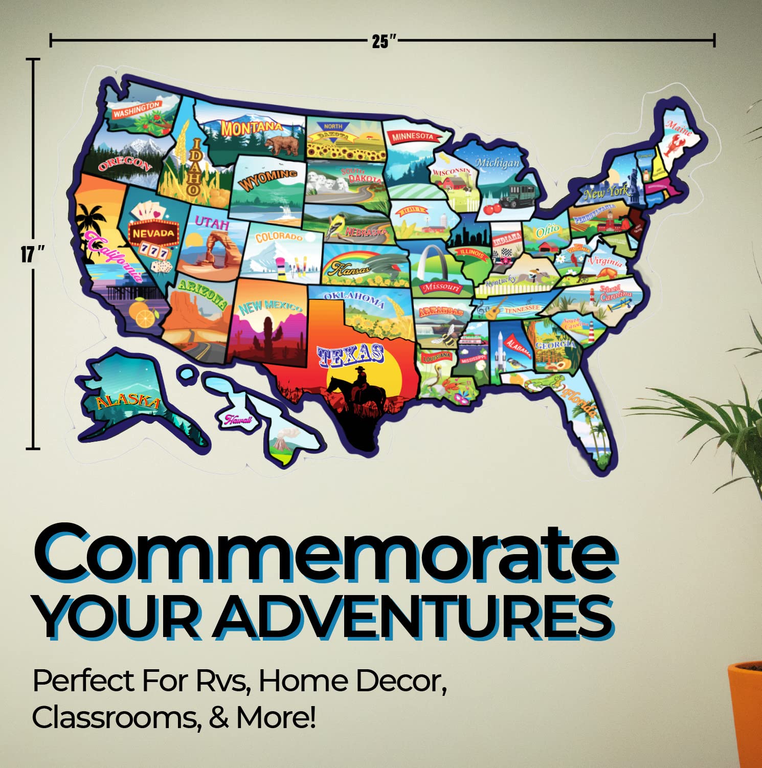 GLIBERTVILLAGEGOODS RV State Sticker Travel Map - 25x17 Inch USA Sticker Map with 50 Waterproof State Decals for RV, Camper, Motorhome