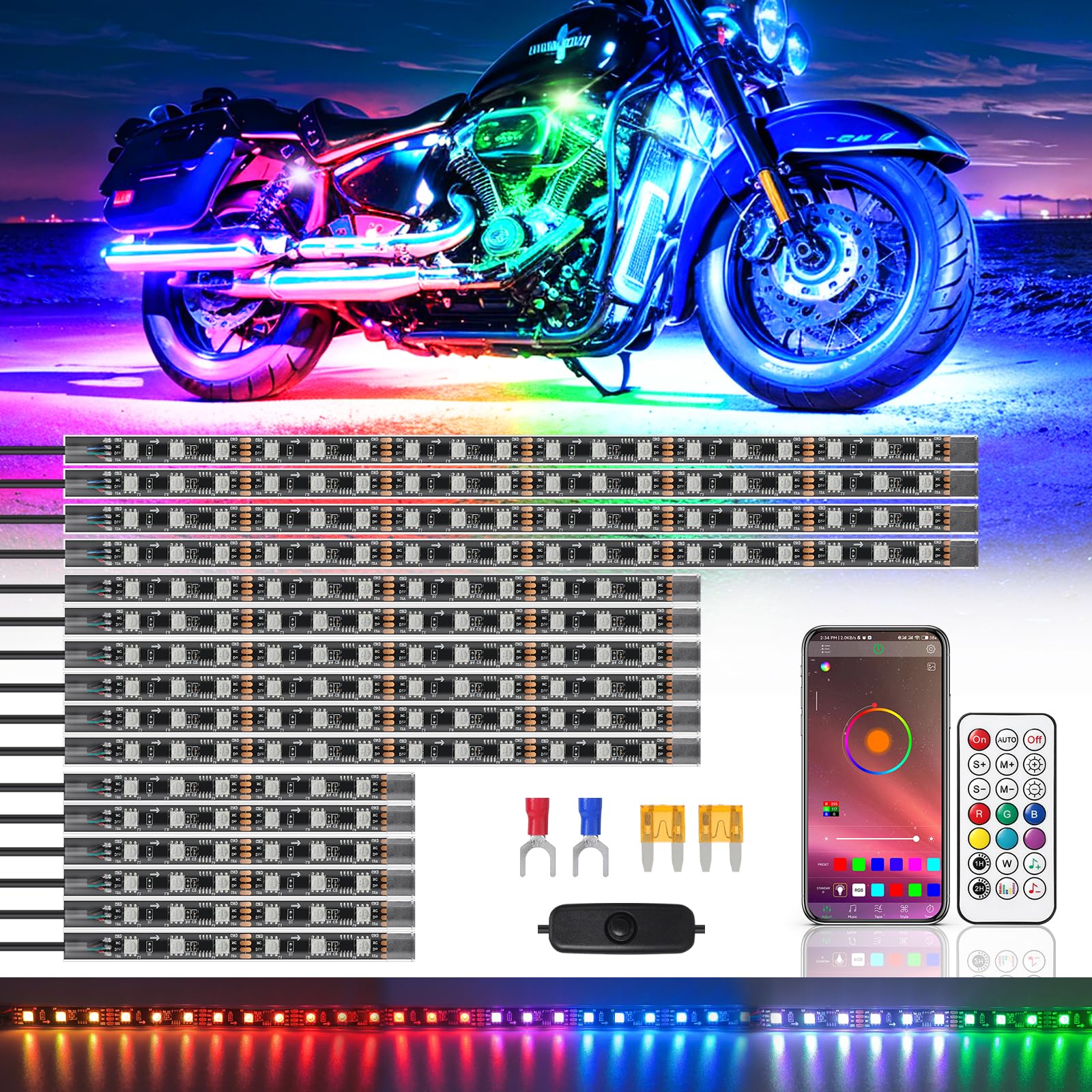 Zonecona 16Pcs Chasing Effect Motorcycle Rgb Led Lights Kit With App/Rf Remote Brake Turn Signal, Dreamcolor Motorcycle Underglo