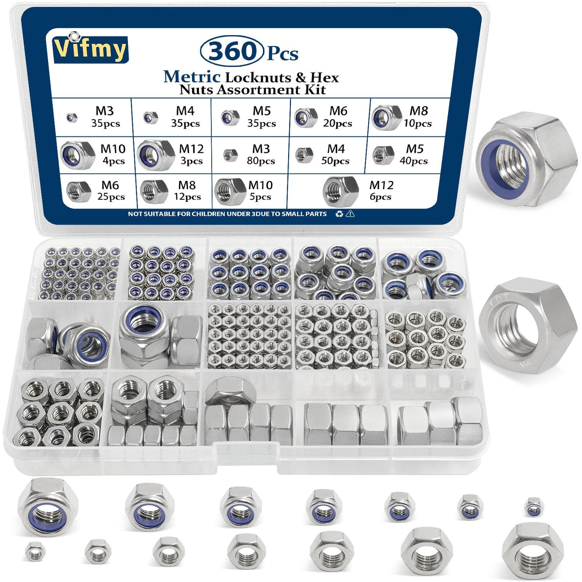 Vifmy Metric Hex Nuts & Locknuts Assortment Kit(360Pcs),M3 M4 M5 M6 M8 M10 M12 304 Stainless Steel Assorted Hex Nuts Sets,Bright Finish