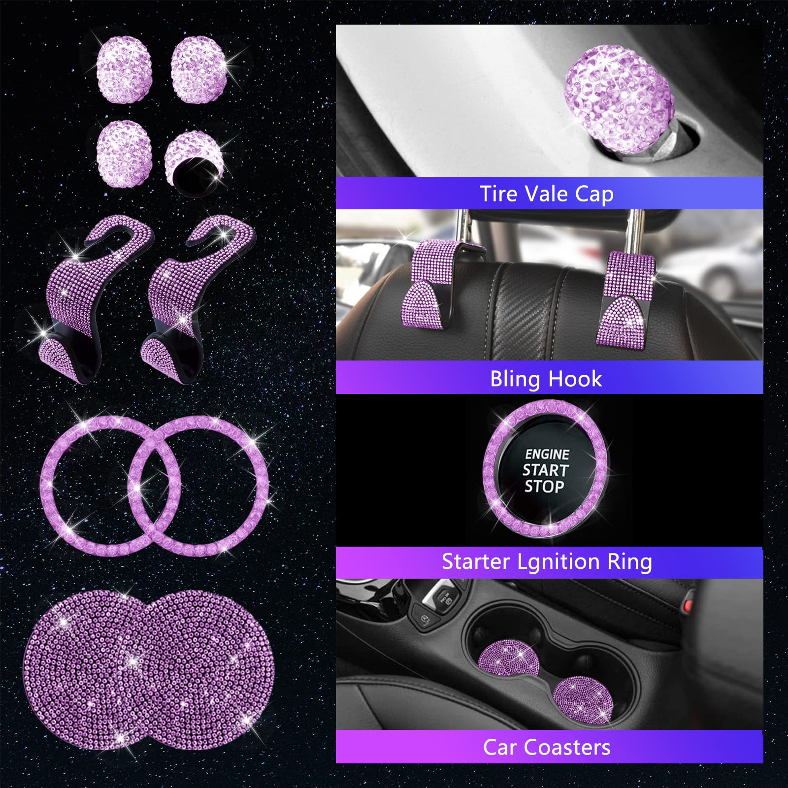 25Pcs Bling Car Parts Set,Bling Car Parts Set Female Universal Fit 15 Inches,Bling Iicense Plate Frame,Bling Center Console Cove