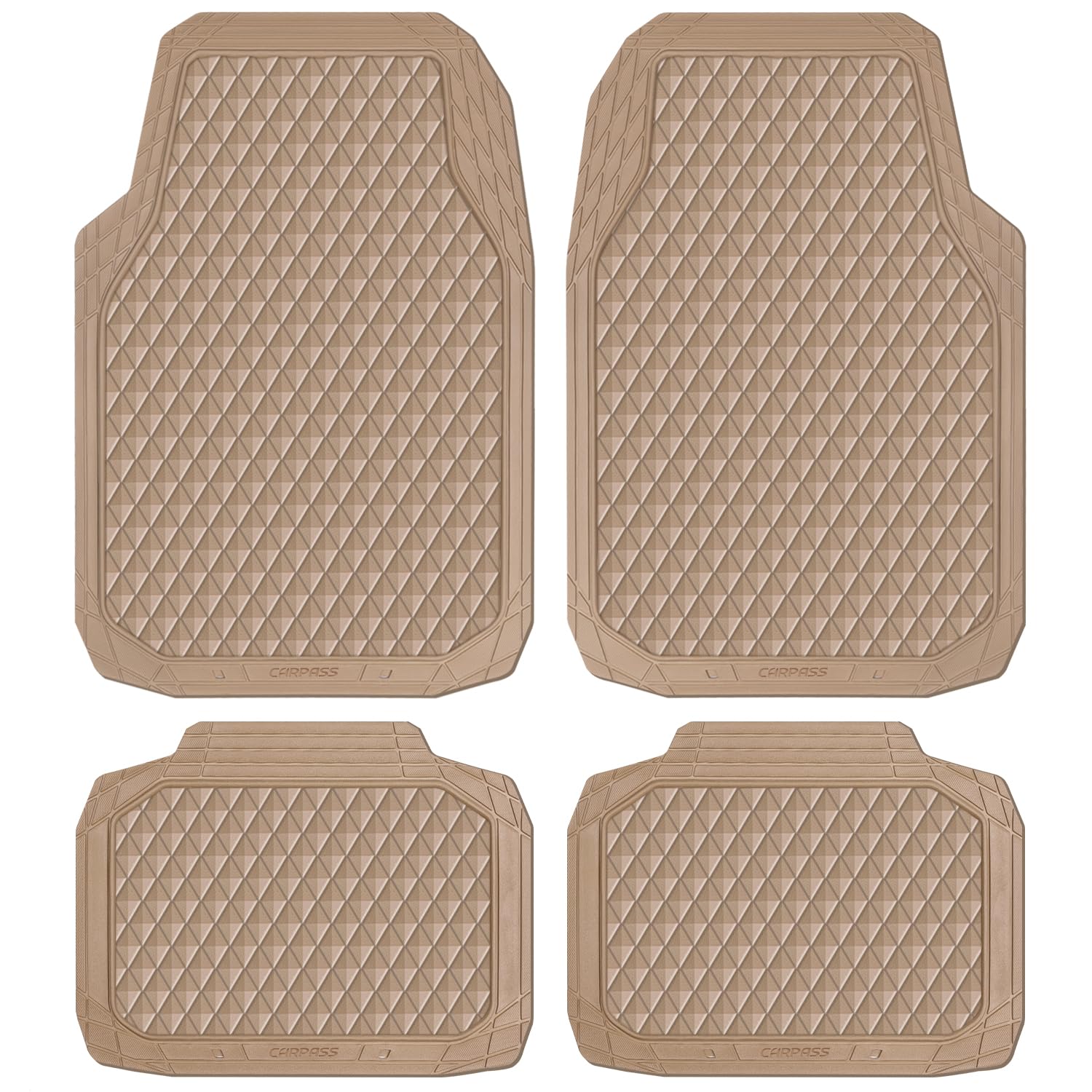 CAR PASS Beige Rubber Car Mats, All-Weather Floor Mats Full Set Durable Anti-Slip 3D Rhombus Waterproof Automotive Pad Trim to F