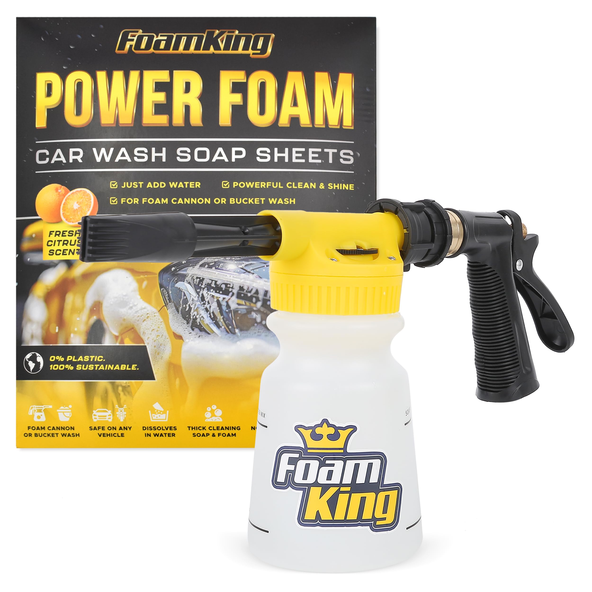 Foam King Gun Car Wash + Power Foam Car Wash Soap Strip (10Ct = 5 Car Washes) - Connects To Garden Hose, Ultimate Scratch Free C