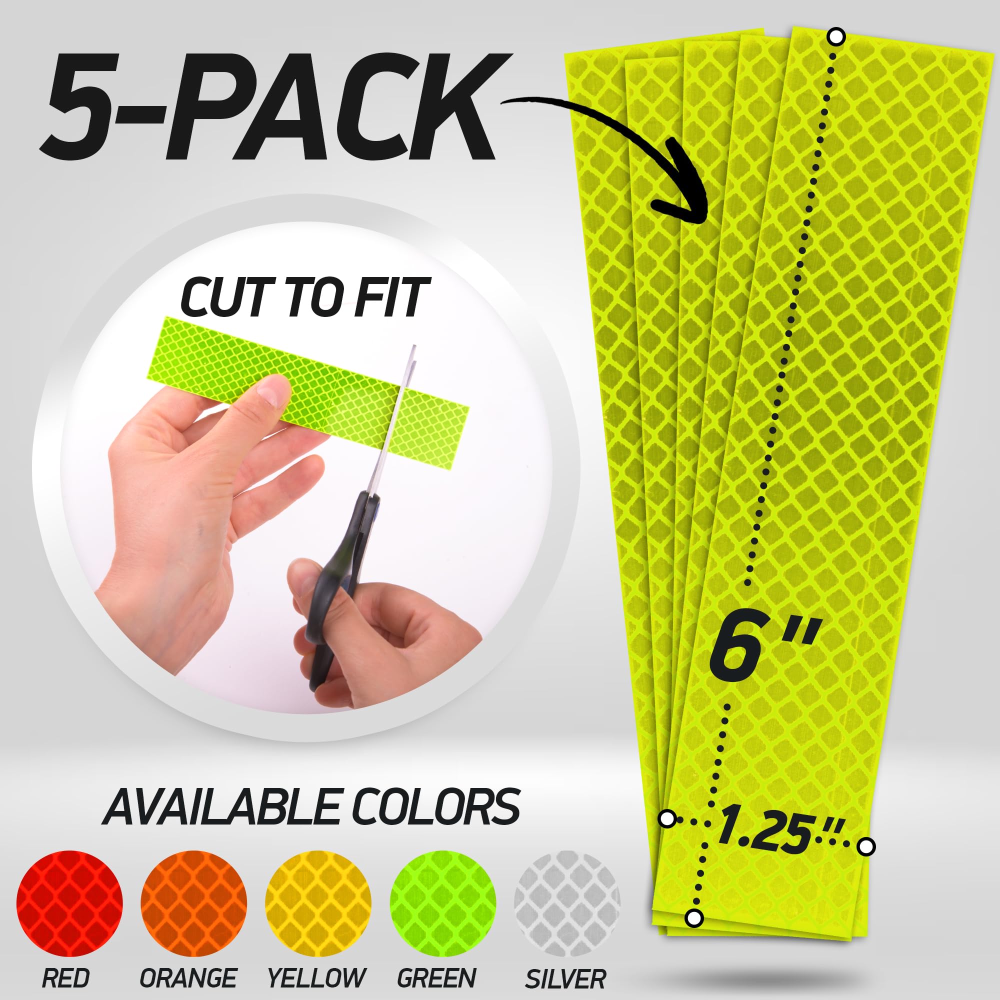 Byllstore High-Visibility Reflective Stickers | 3M Diamond Grade | Yellow-Green | 1.25 X 6'' | 5-Pack | Multipurpose Use For Hel