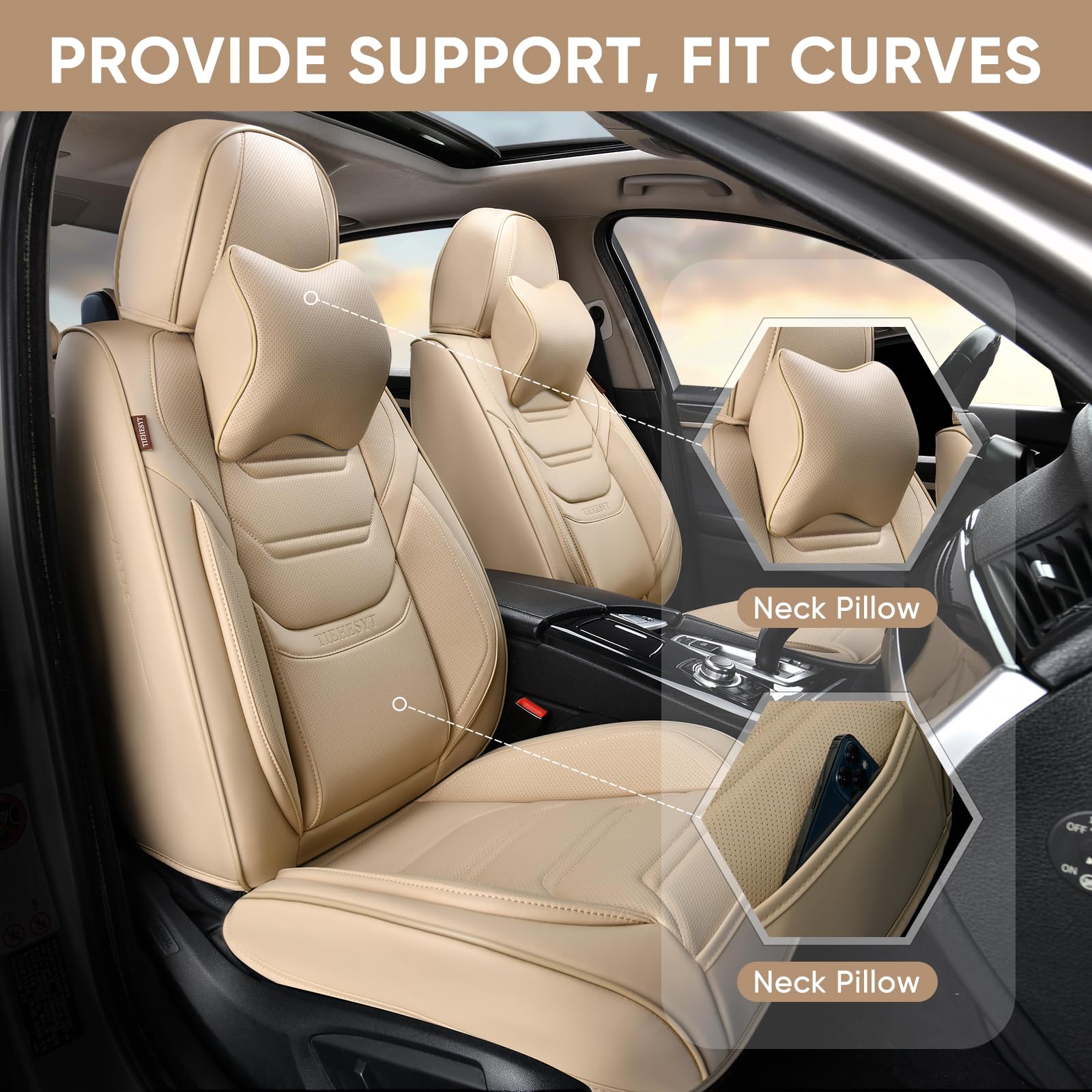 Tiehesyt Beige Car Seat Covers Full Set, Breathable Leather Automotive Front And Rear Seat Covers & Headrest, Automotive Seat Co