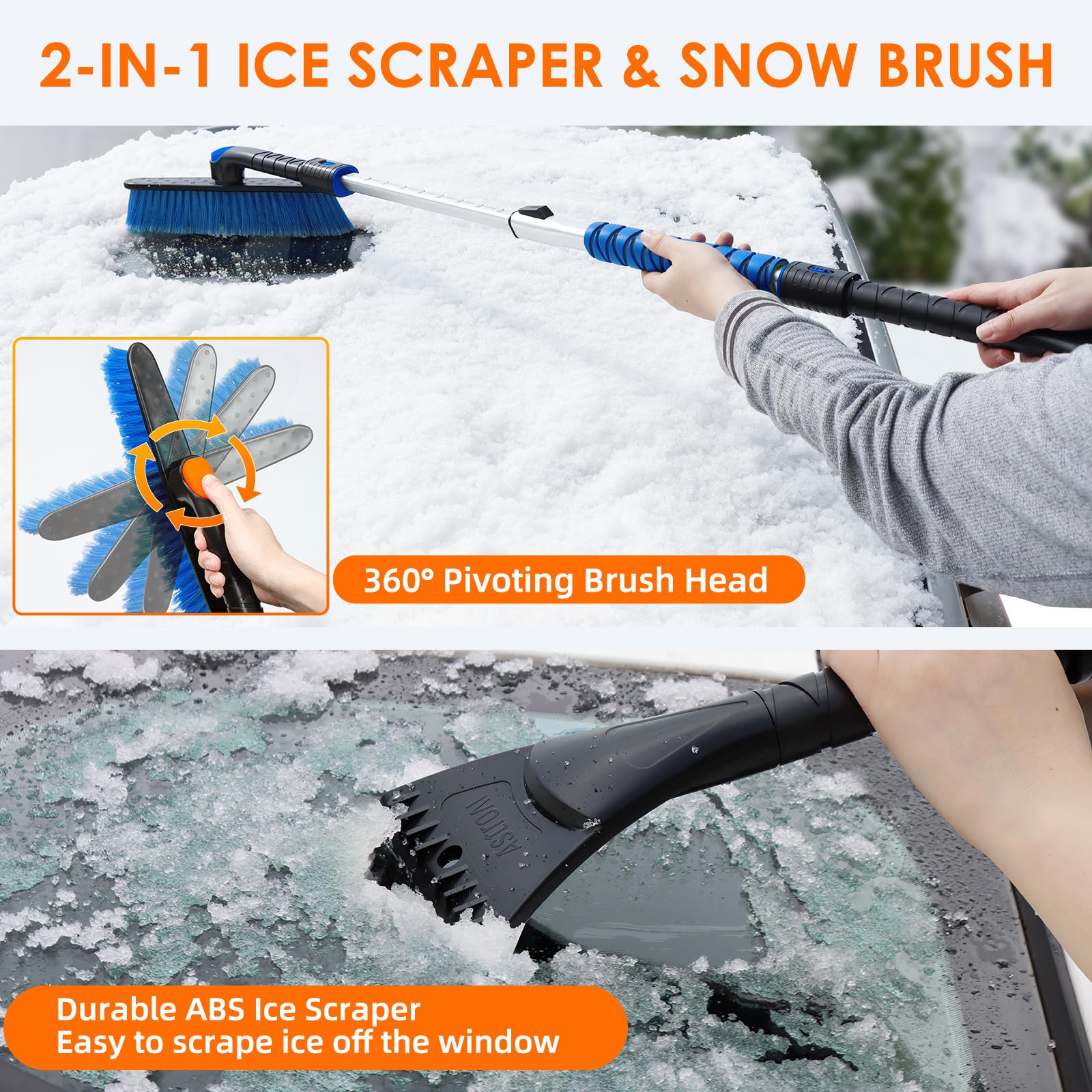 Astroai 47.2'' Ice Scraper And Extendable Snow Scraper For Car Windshield With Foam Grip And 360