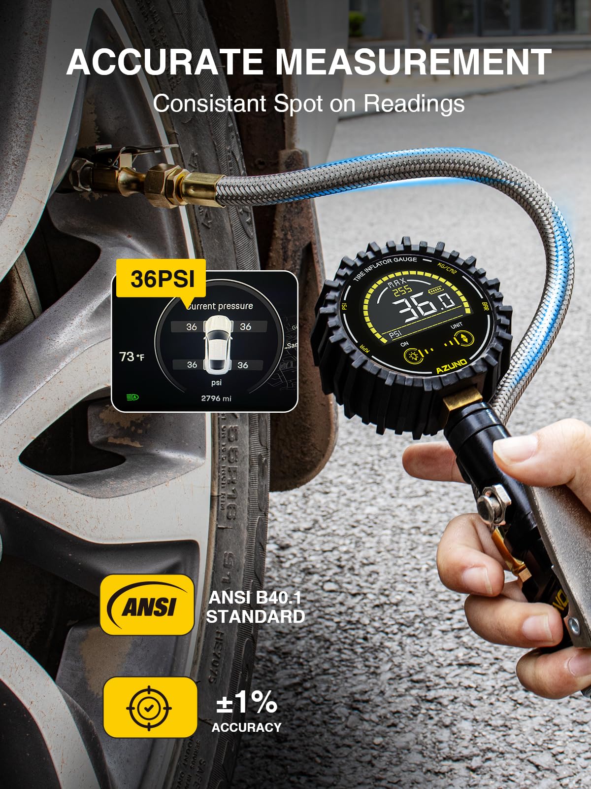 Azuno Tire Pressure Gauge, 255Psi Digital Tire Inflator Gauge Air Chuck Air Compressor Attachments, With Steel Braided Hose, Qui