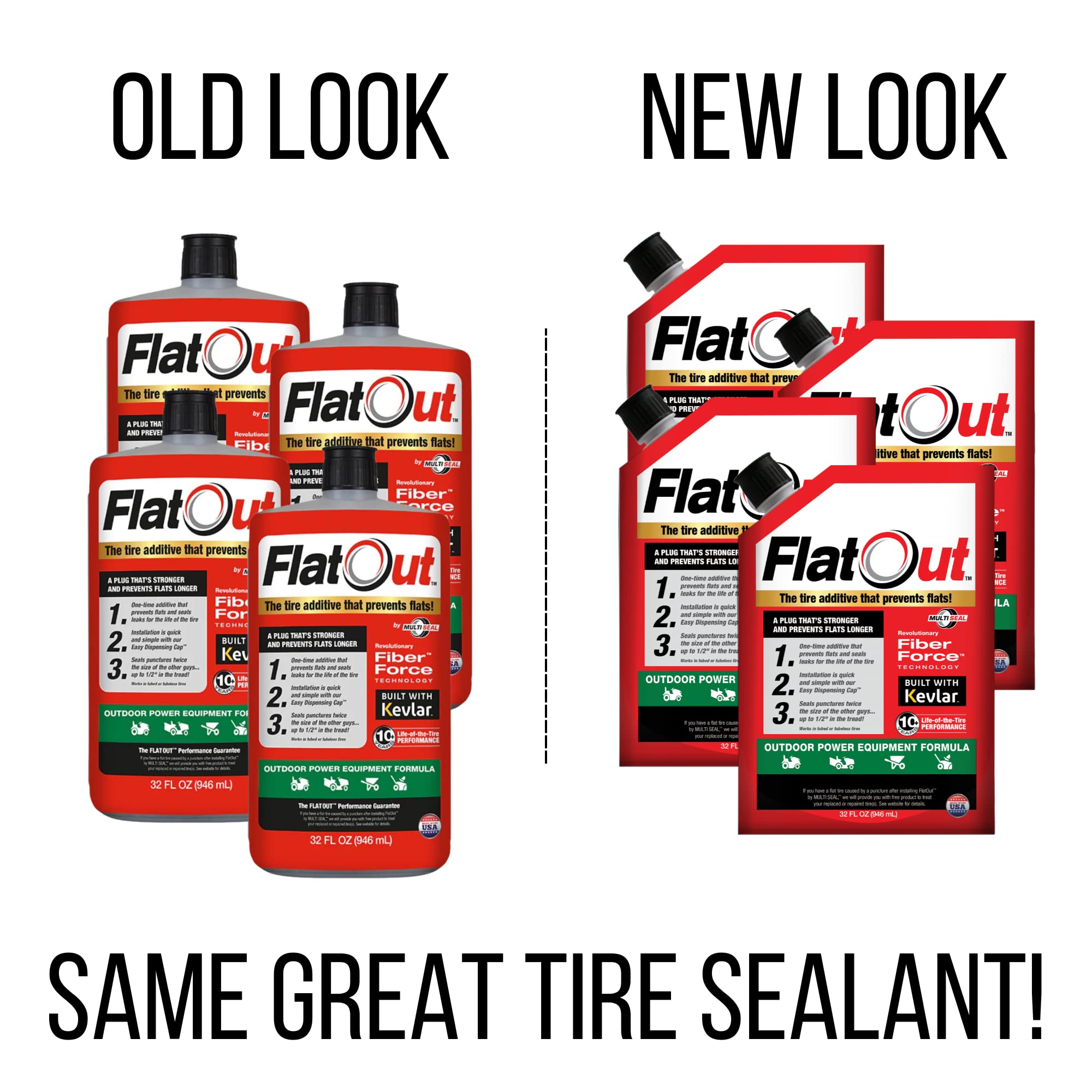 Flatout Tire Sealant Outdoor Power Equipment Formula - Prevent Flat Tires, Seal Leaks, Contains Kevlar, 32-Ounce Bottle, 4-Pack