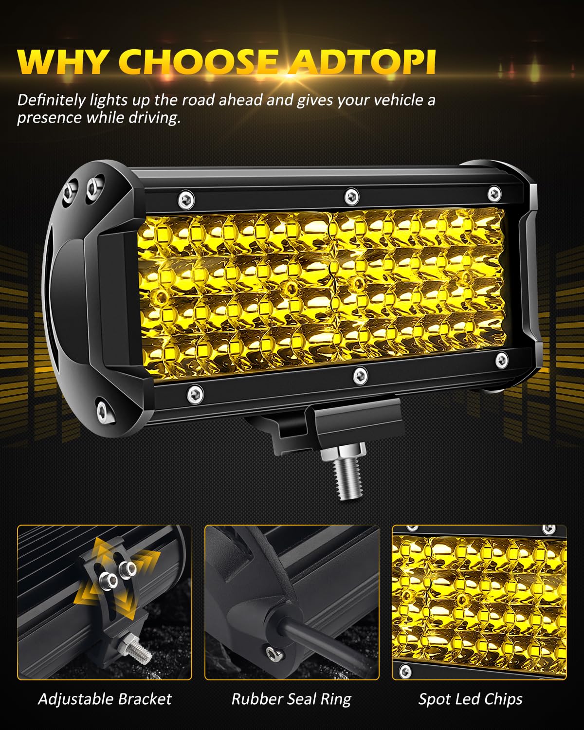 Amber Fog Lights 7 Inch 2Pcs Yellow 144W Led Light Bar Spot Beam Led Light Bar For Truck 11,520 Lm Quad Row Led Work Light Compa
