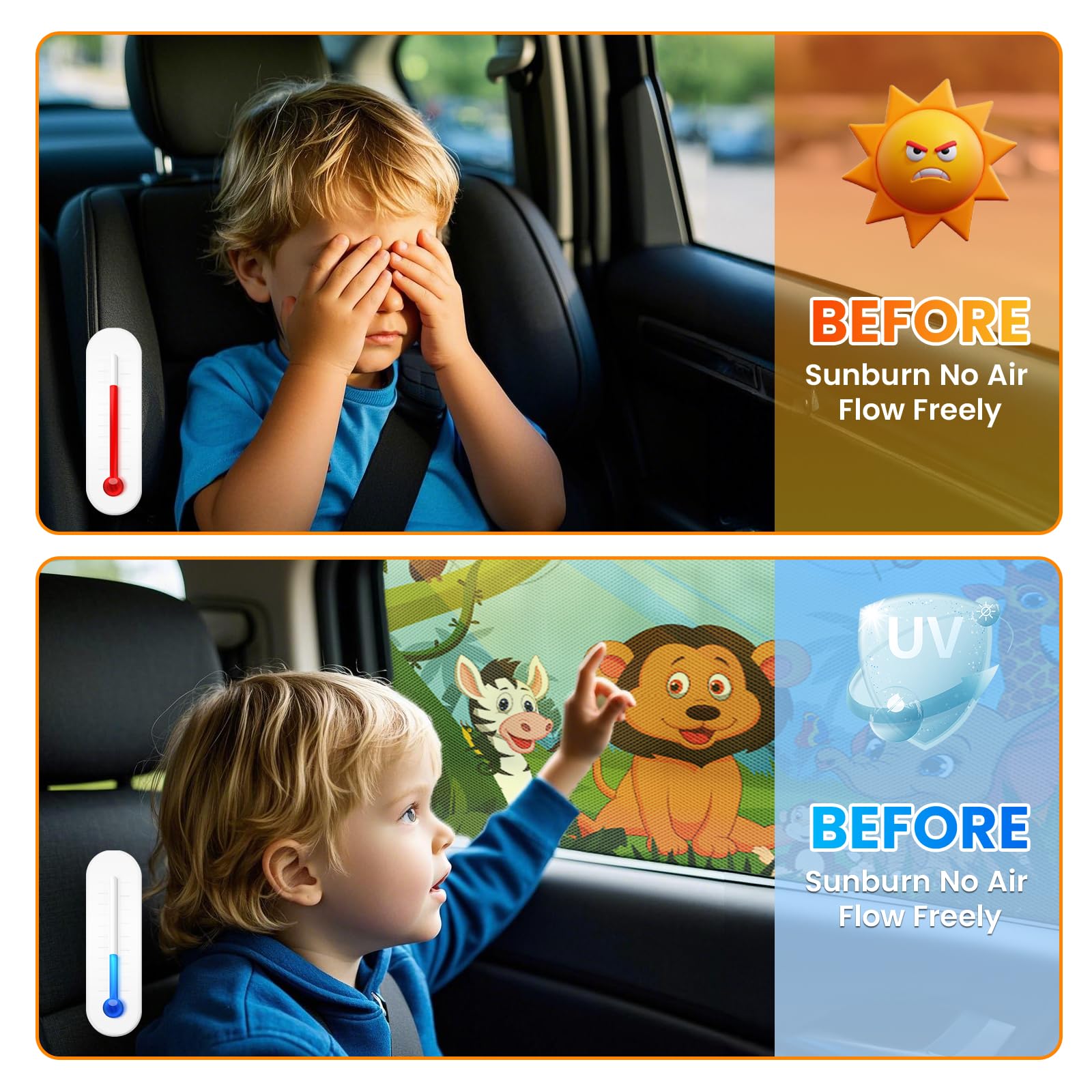 Pemotech Car Window Shade For Baby, 2 Pack Uv Protection Car Side Window Sun Shades Cartoon Animal Design, Universal Stretchable