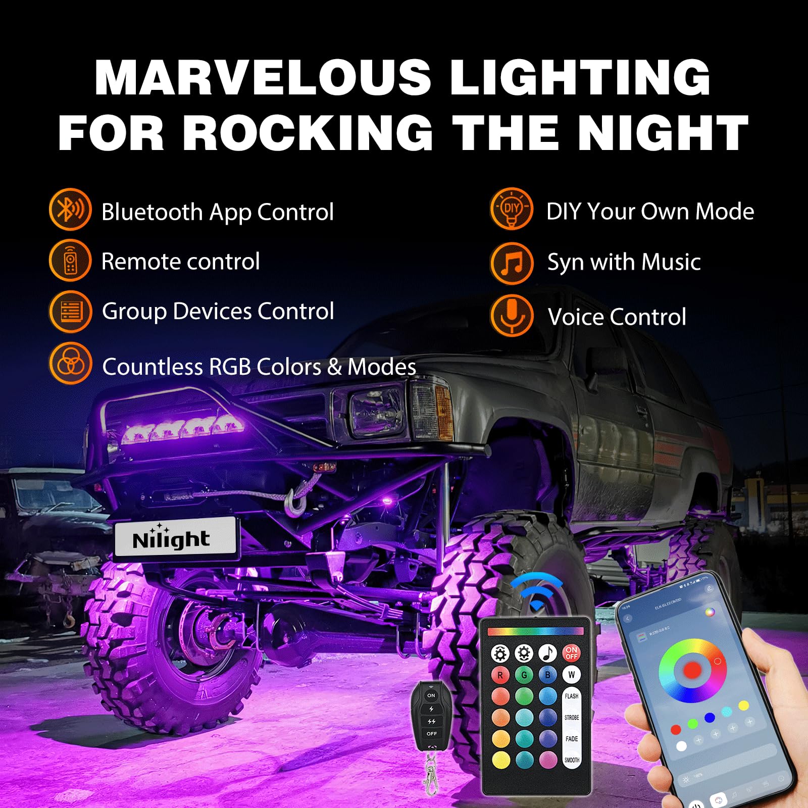 Nilight Rgb Led Rock Lights Kit 8 Pcs 18Led Wide Angle Wheel Well Light With Remote & Bluetooth App Dual Control Multi Modes Und