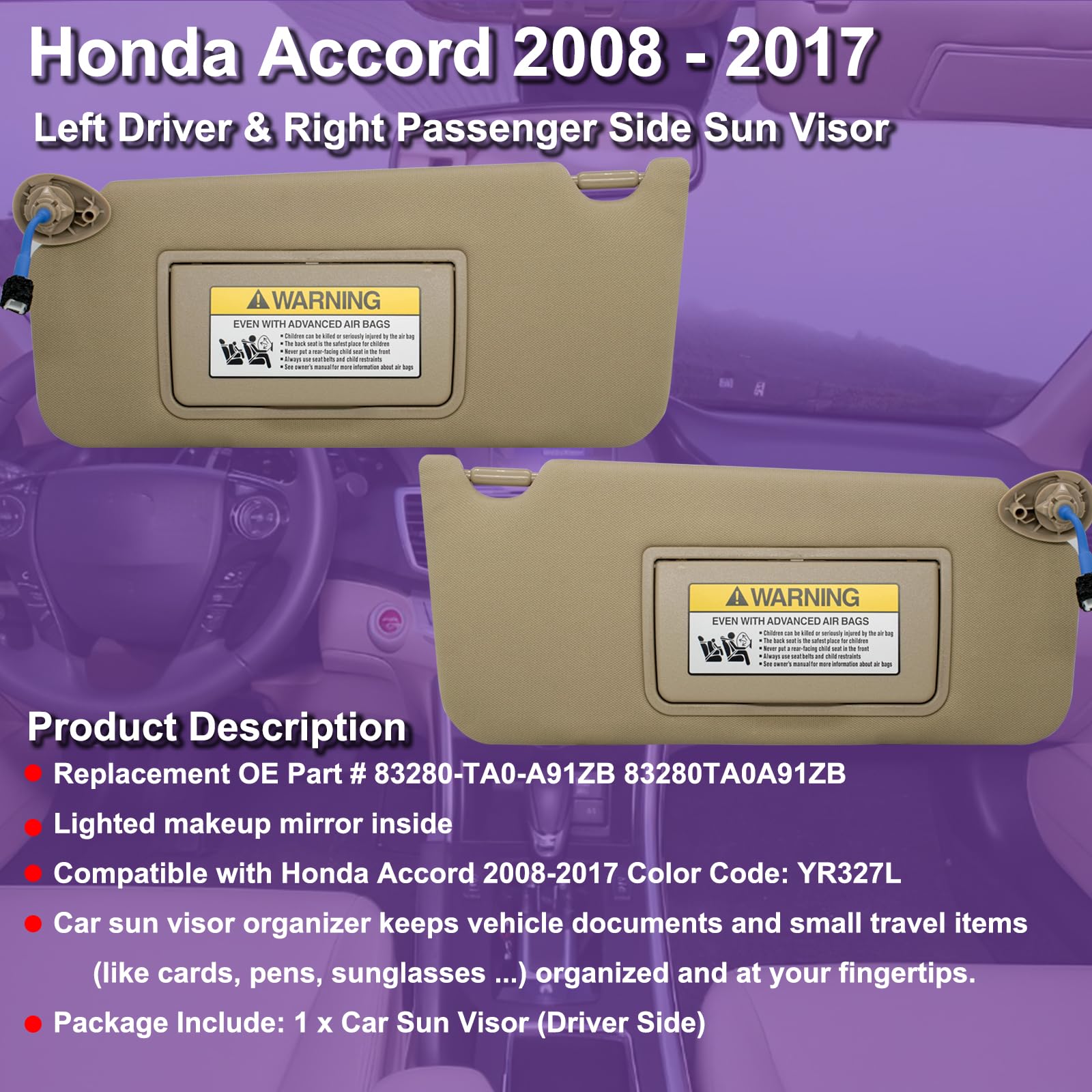 Left Driver & Right Passenger Side Sun Visor Compatible With Honda Accord 2008 2009 2010 2011 2012 2013 2014 2015 2016 2017 With Light Oem :83230Ta0A91Zb (Beige)