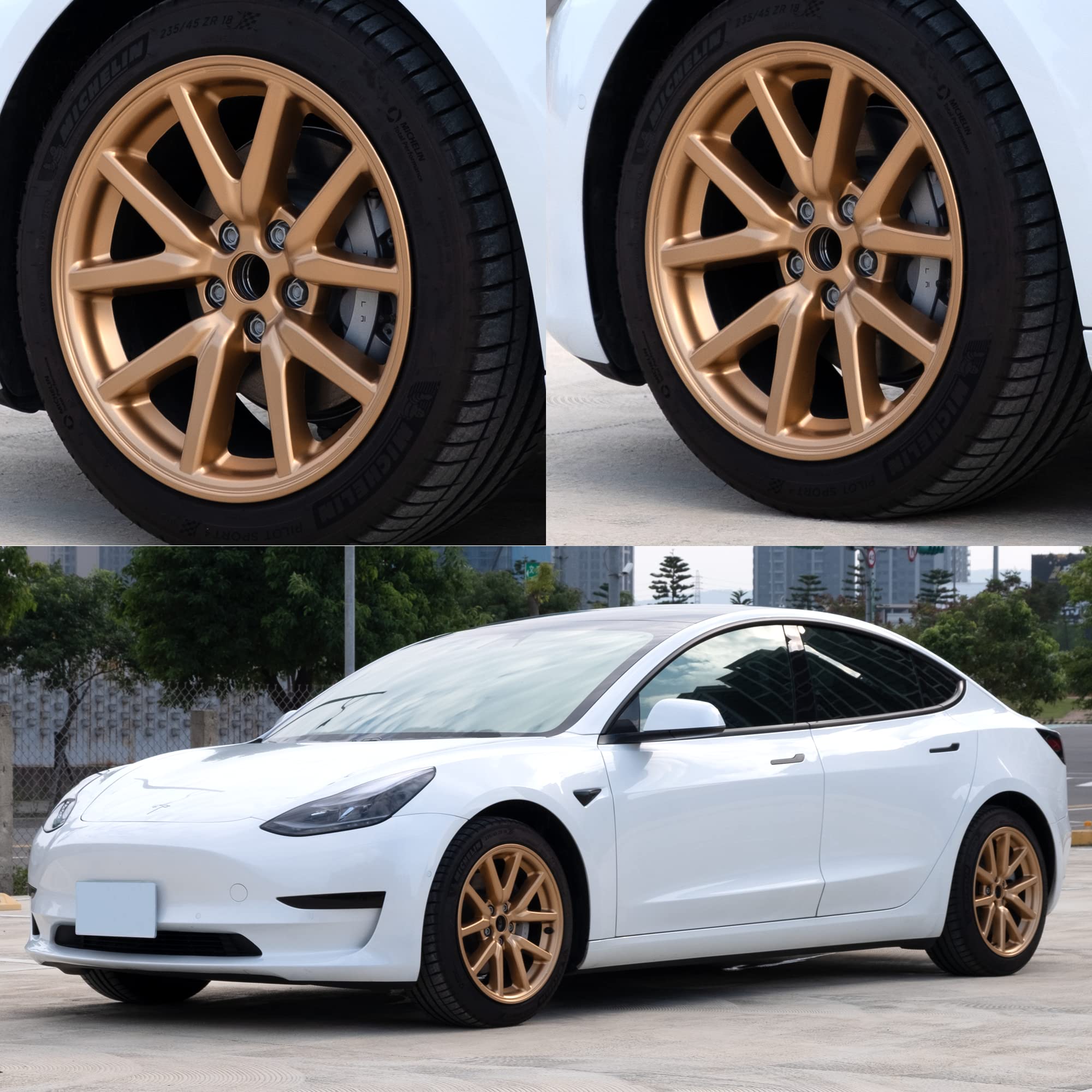 Mayde 18-Inch Hub Caps Fits 2017-2022 Tesla Model 3, Replacement Wheel Covers (Set Of 4,) (Metallic Gold)