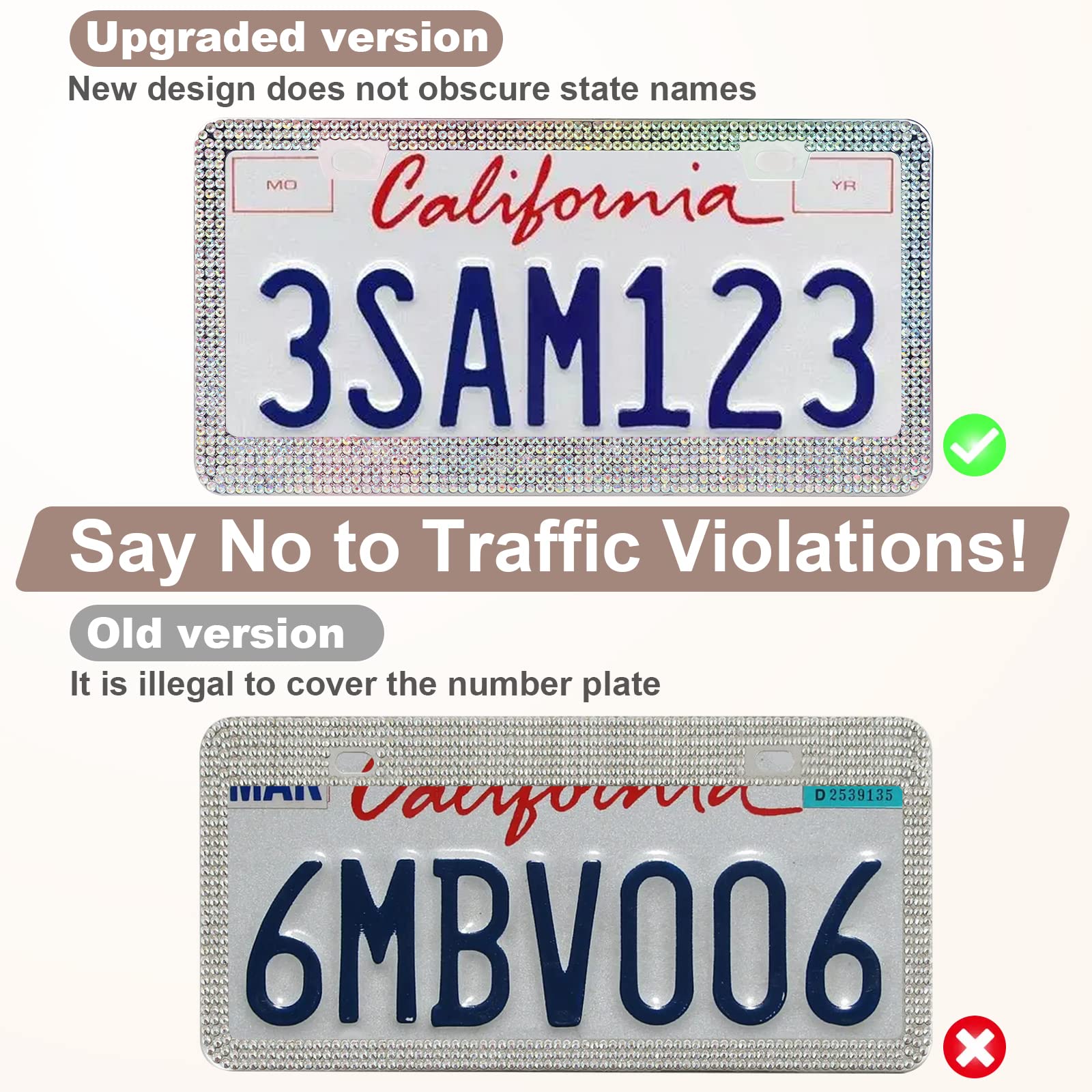 Quanqiufei 2 Pack Bling License Plate Frames For Women, Sparkly Rhinestone Diamond Car Accessories For Women, Handcrafted Stainless Steel Car License Plate Cover With Glitter Crystal Caps (Colorful)