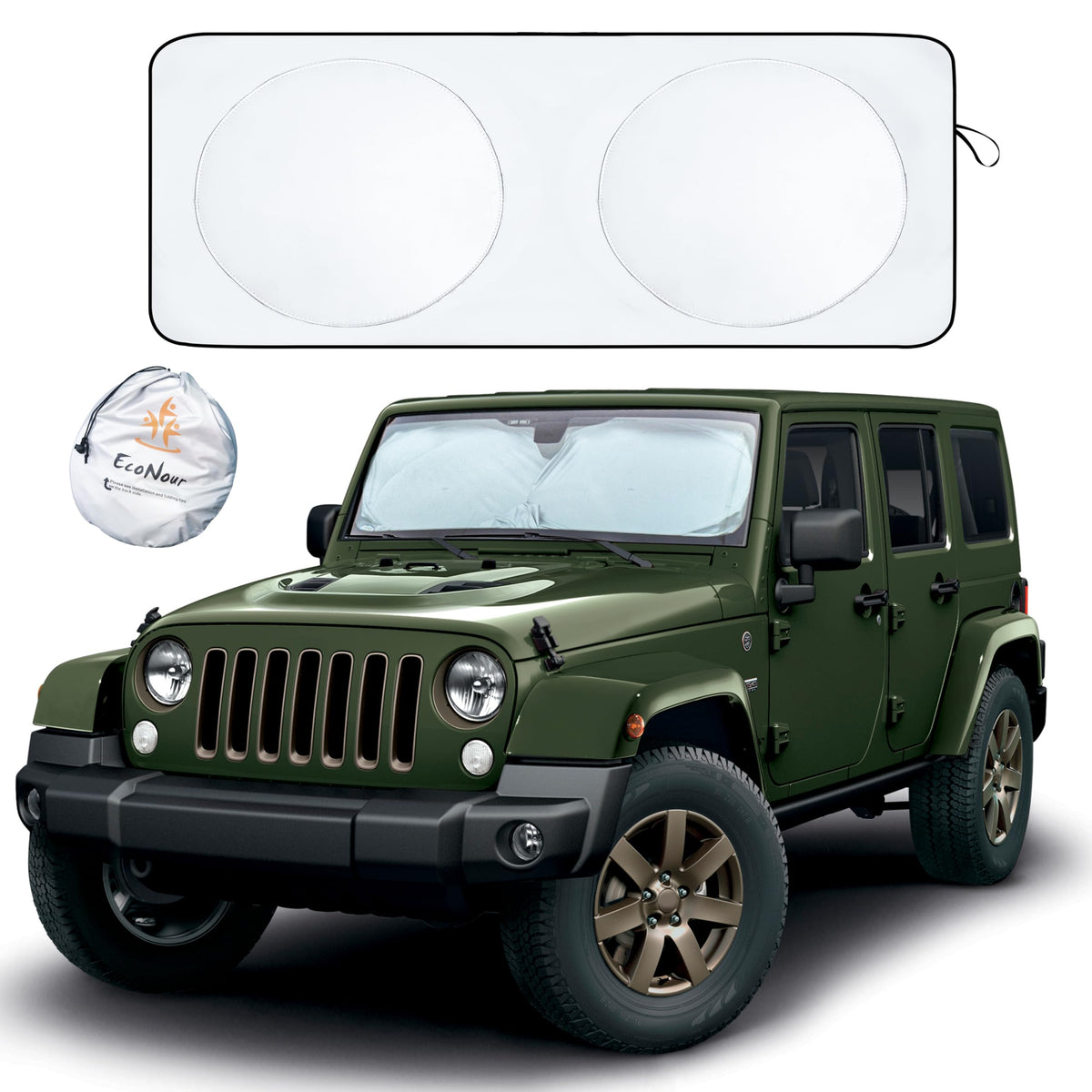 Econour Windshield Sun Shade With Mirror Cut | Foldable 240T Polyester Car Sun Shade For Heat, And Uv Rays | Windshield Sunshade