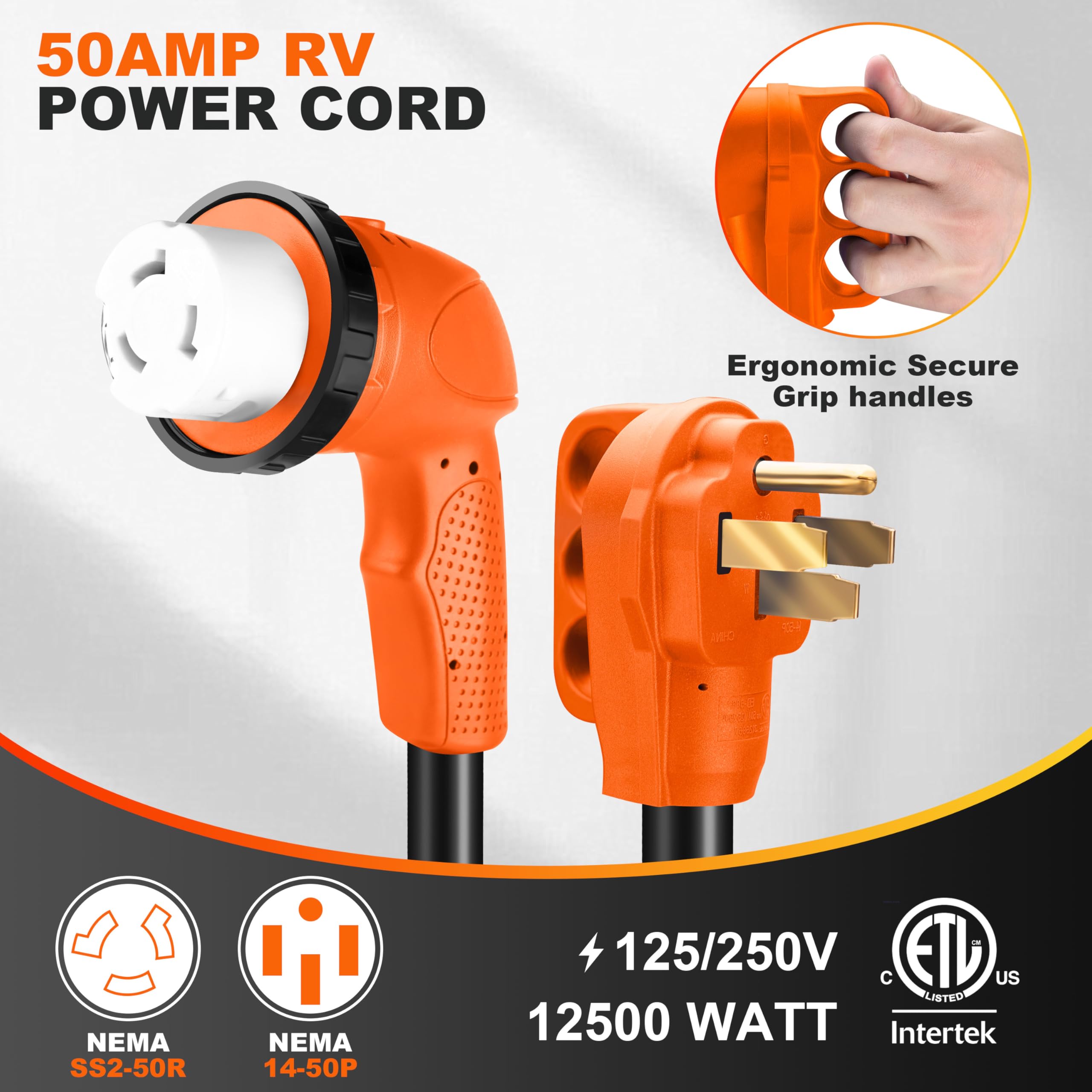 Ficstar 50 Amp RV Extension Cord 25 ft, Heavy Duty 6/3+8/1 SJTW AWG RV Power Cord with Grip Handle Twist Lock, NEMA 14-50P to SS