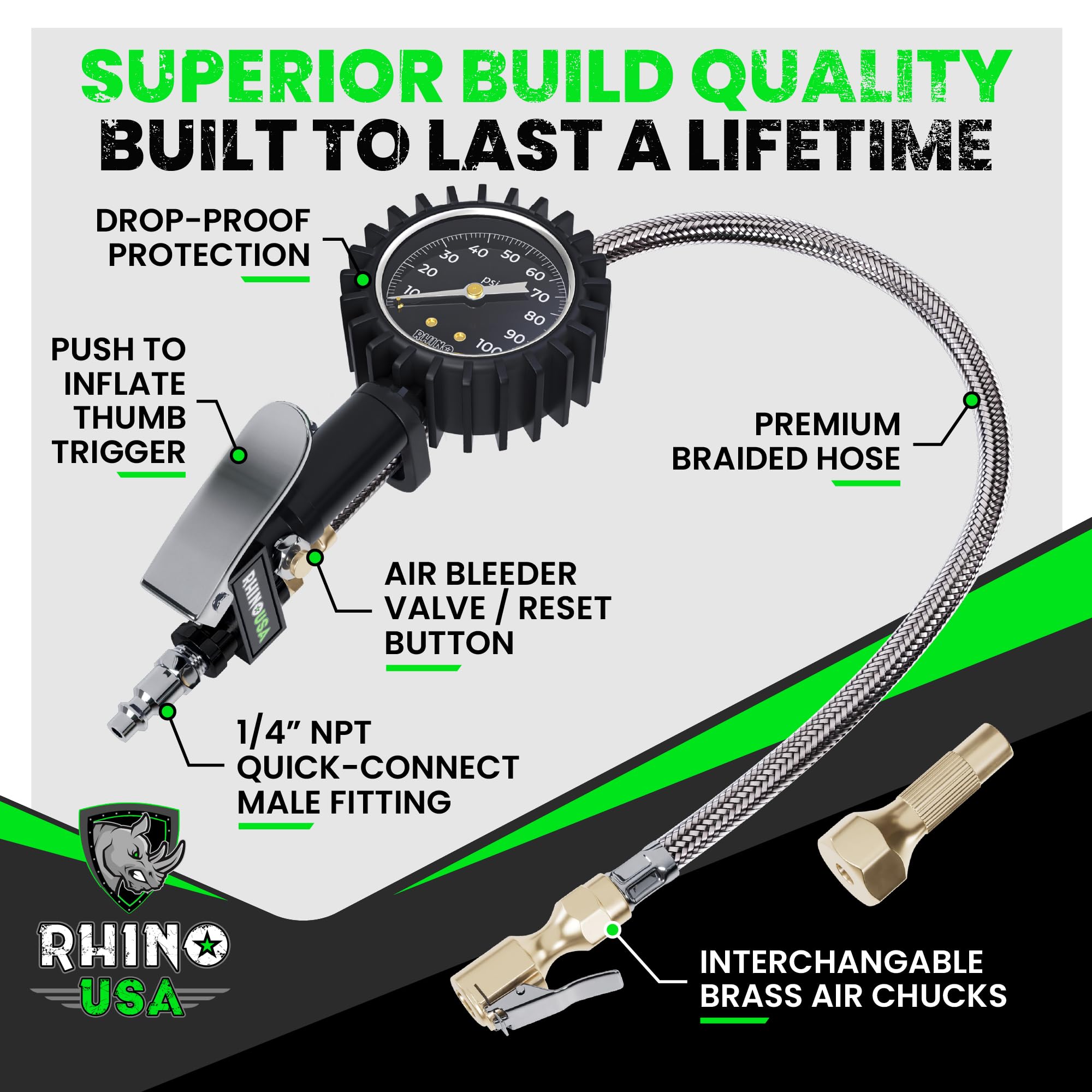 Rhino USA Tire Inflator with Pressure Gauge (0-100 PSI) - ANSI B40.1 Accurate, Large 2' Easy Read Glow Dial, Premium Braided Hose, Solid Brass Hardware, Best for Any Car, Truck, Motorcycle, RV