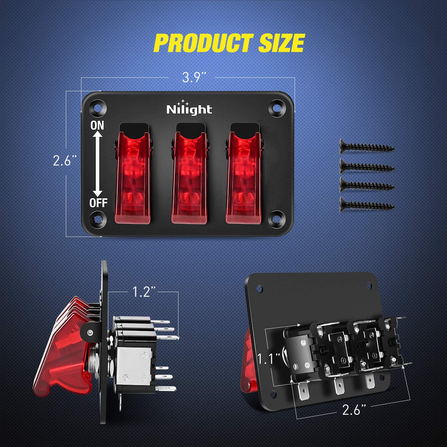 Nilight 3 Gang Toggle Switch 12V Rocker Switch Panel With Led Light And Flip Cover Heavy-Duty On/Off Switch Plate 3 Pin Spst