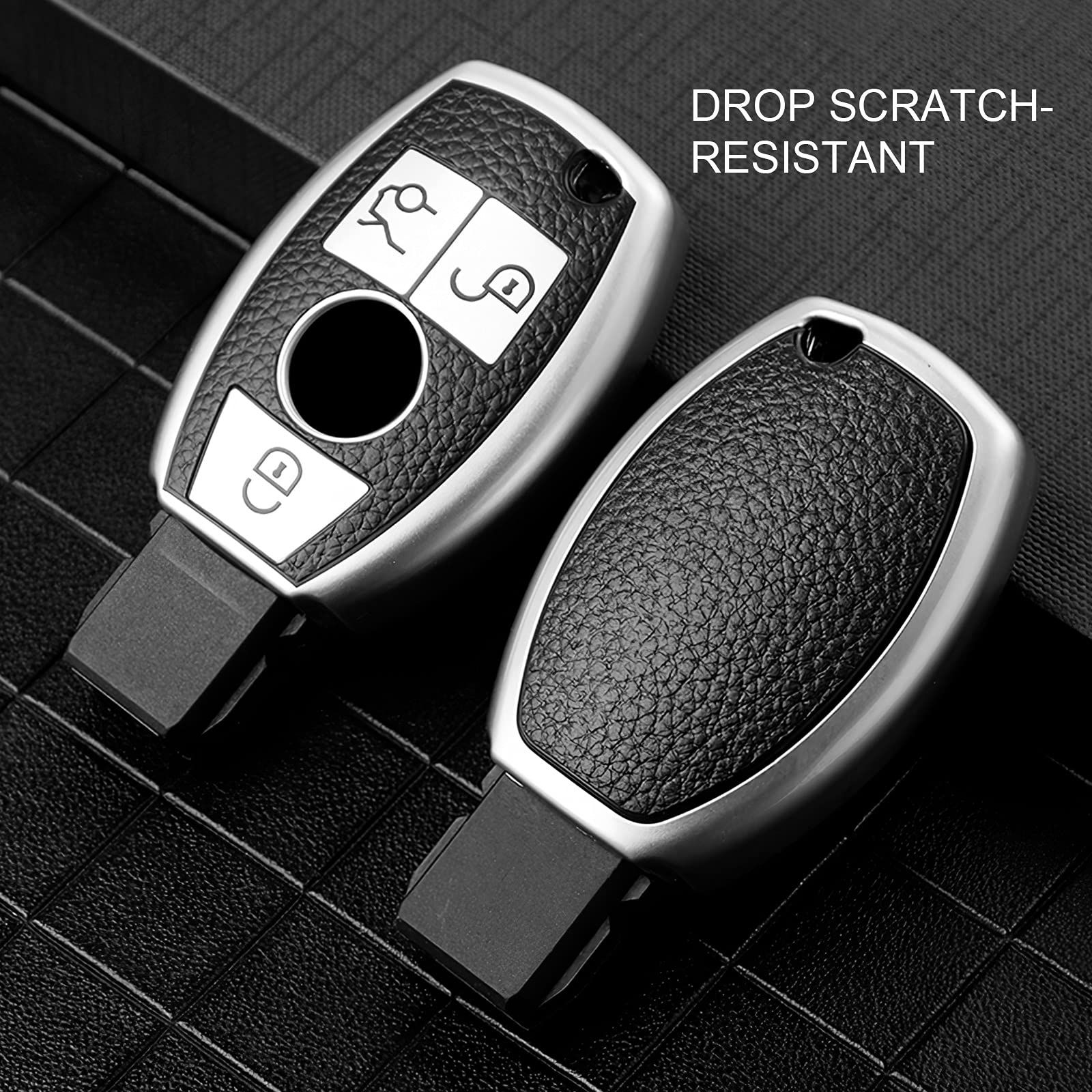 ELOHEI Mercedes Benz Key Fob Cover - Premium Soft TPU, Leather Texture Silver, Compatible with C E S M CLS CLK G Class Keyless Smart Key