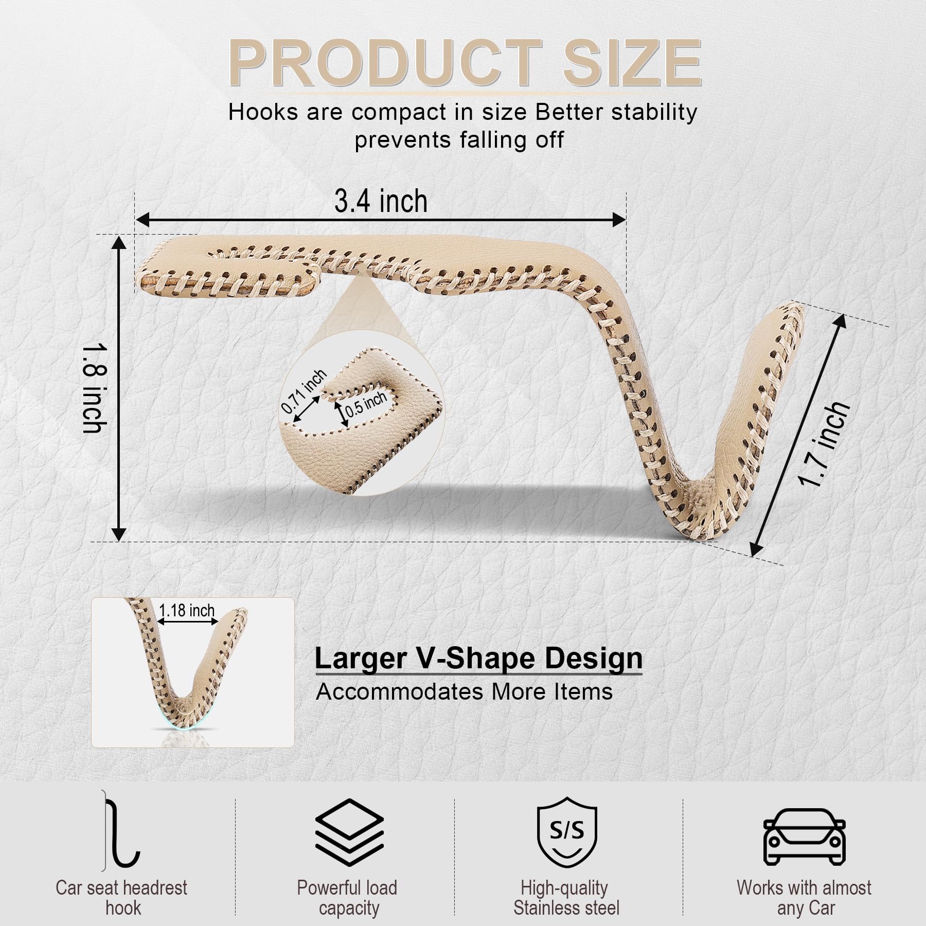 Livtee Beige Superior Leather Car Seat Back Headrest Hook, Auto Seat Hook Hangers Interior Accessories For Purse Coats Umbrellas