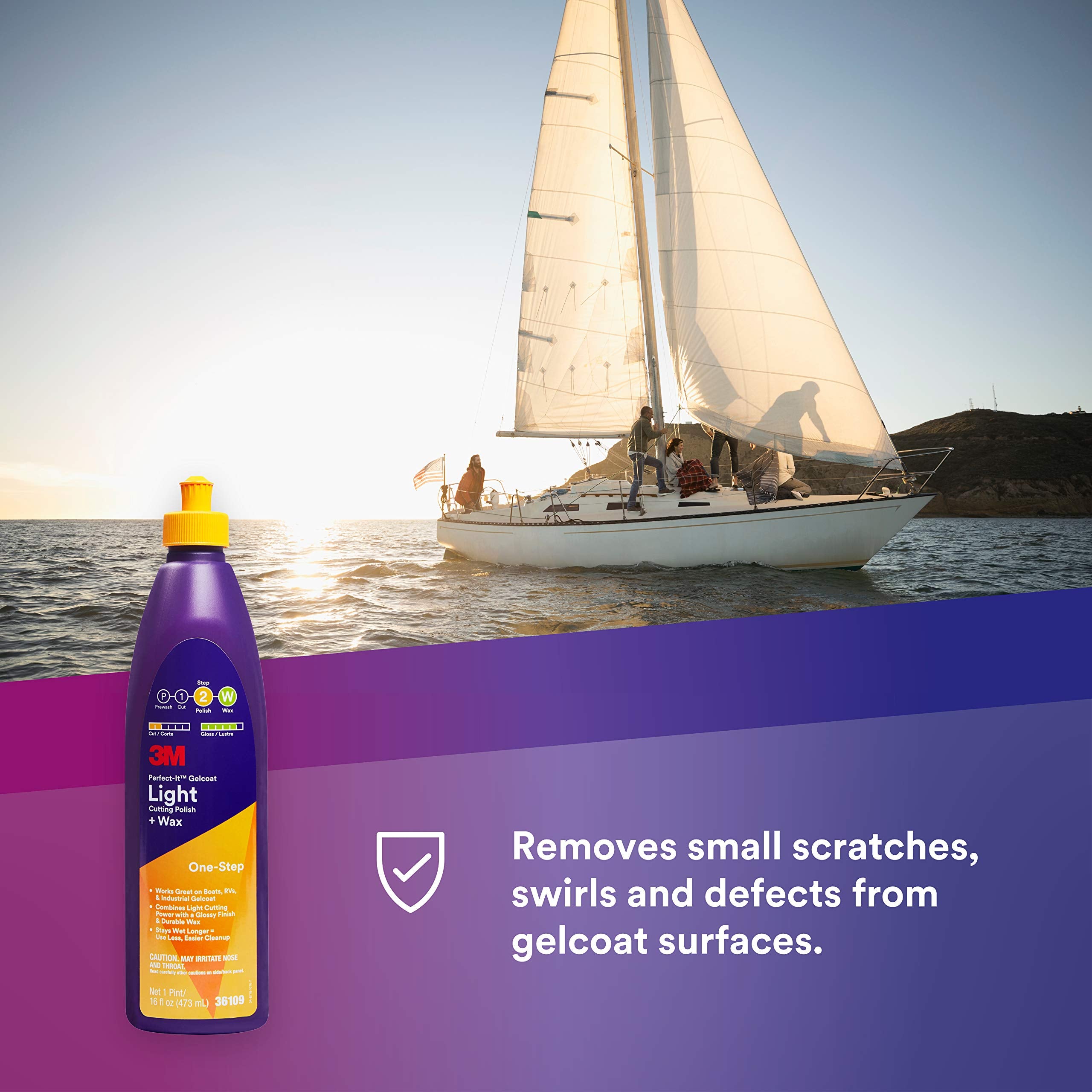 3M Perfect-It Gelcoat Light Cutting Polish + Wax, 36109, 1 Pint, One-Step Process, Removes Scratches And Swirls, Light Oxidation