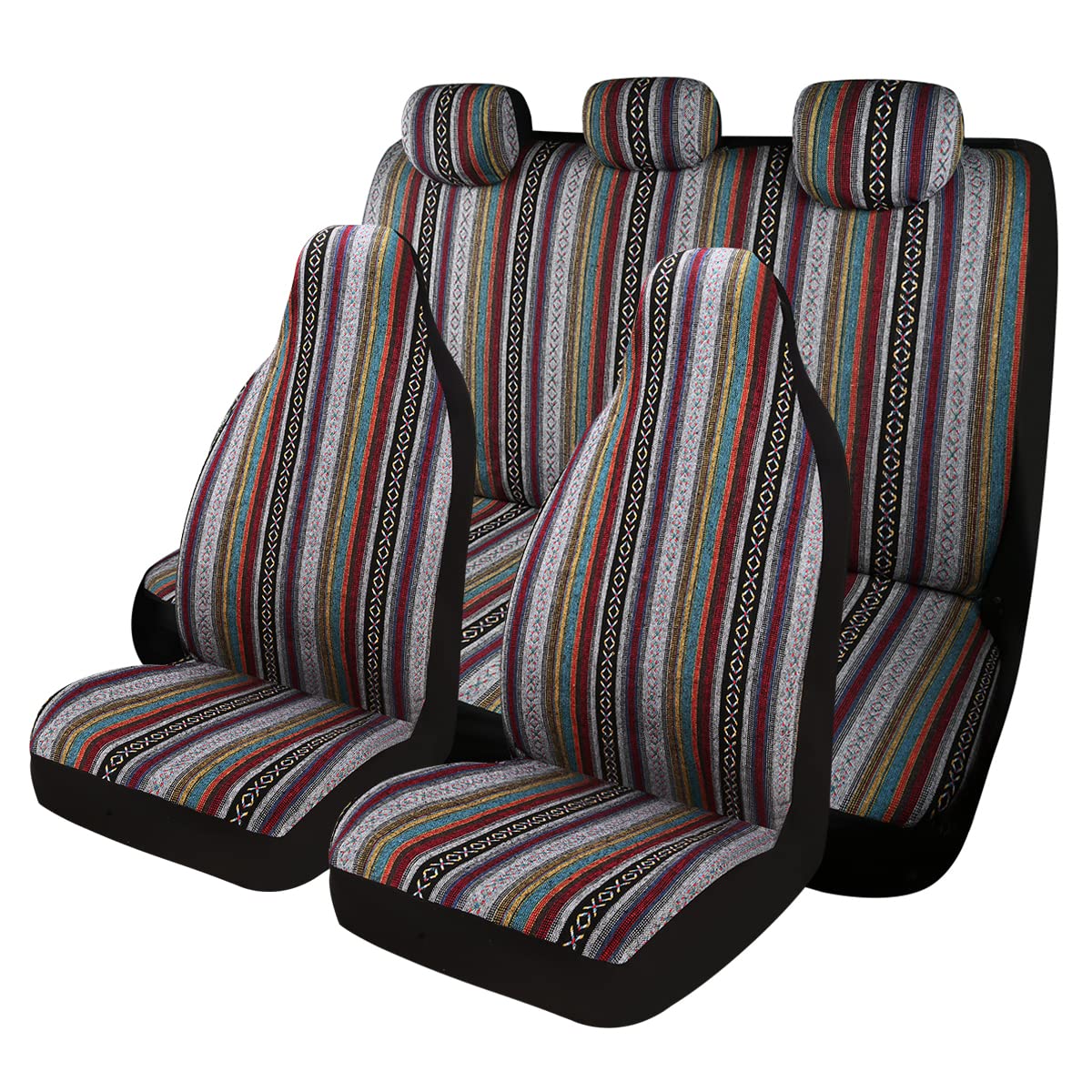 PONYJOYUP Baja Saddle Blanket Car Seat Covers 7PCS Full Set, Breathable and Washable Striped Woven Automotive Vehicle Seat Cover