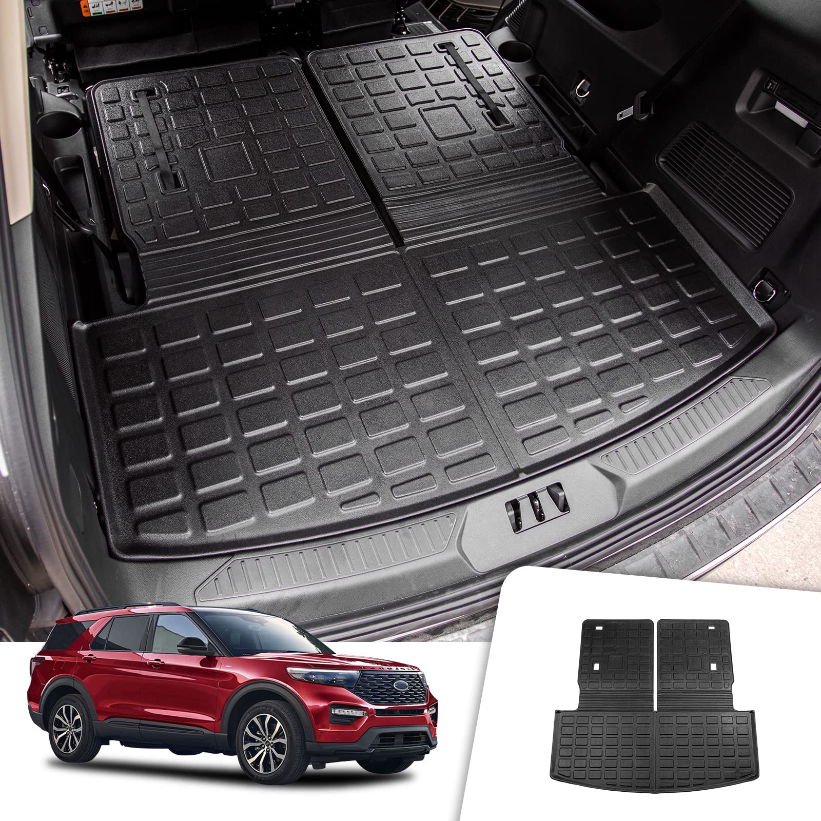 Rongtaod Cargo Mat Compatible With 2020-2025 Ford Explorer 6&7 Passenger Cargo Liner Trunk Mat Back Seat Cover Protector Upgrade 2024 Explorer Accessories (Trunk Mat With Backrest Mat)