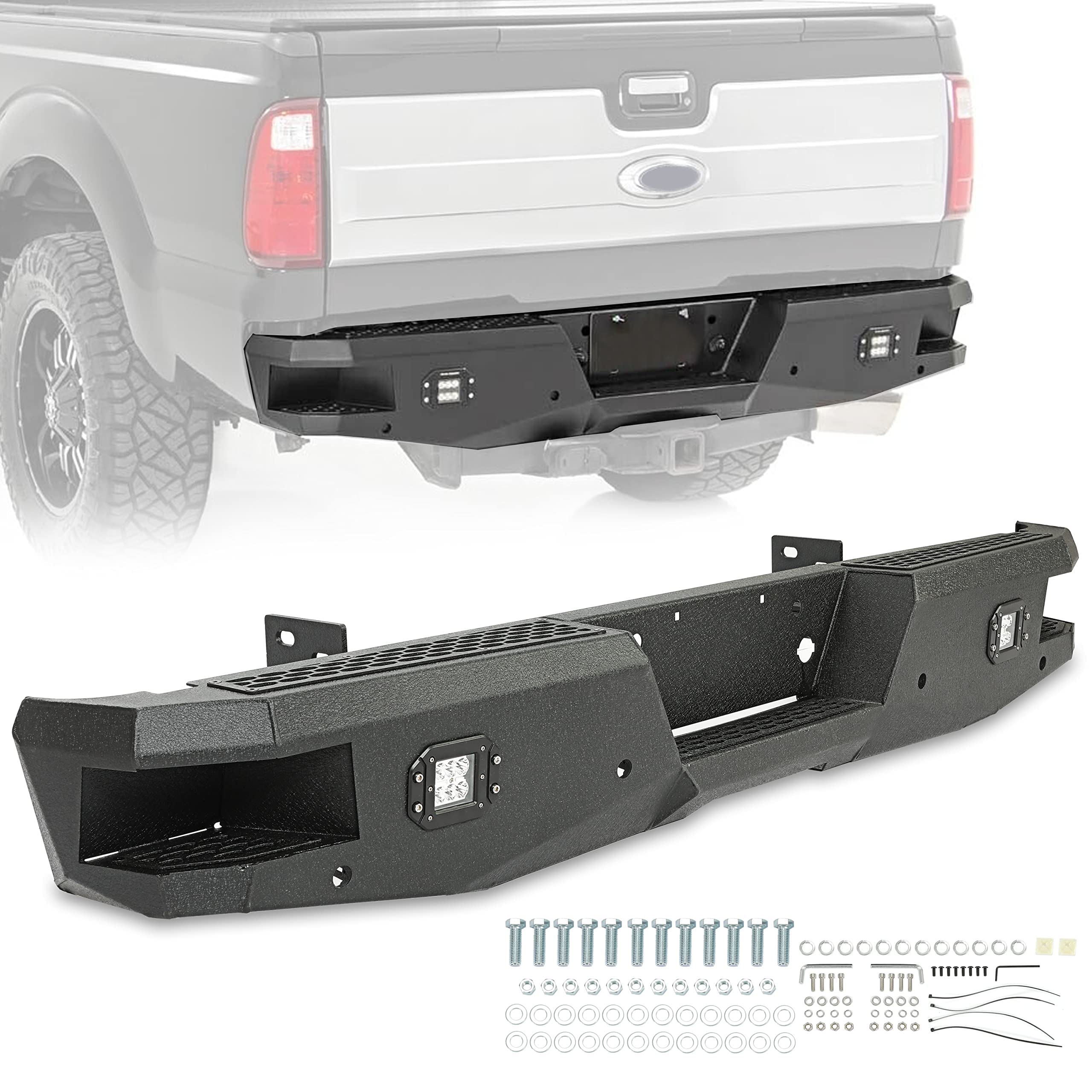 Kuafu Offroad Rear Bumper Compatible With 1999-2016 Ford F250 F350 Super Duty W/2 18W Led Lights Black Powder Coated Steel Heavy Duty