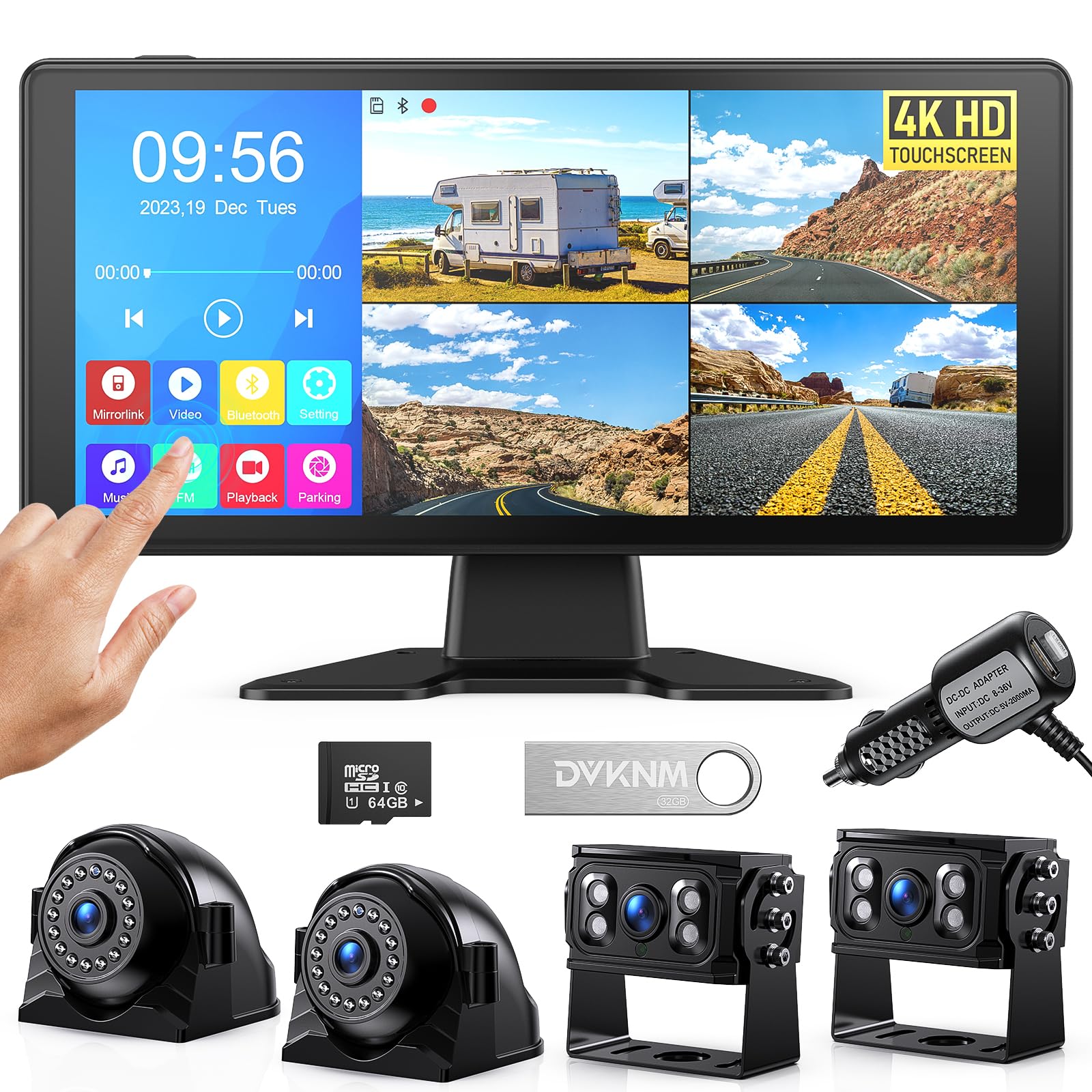 Dvknm 4K Rv Backup Camera System 10.36'' Quad Split Touchscreen Monitor 4 1080P Hd Rear View Cameras Dvr Recording Bluetooth Mus