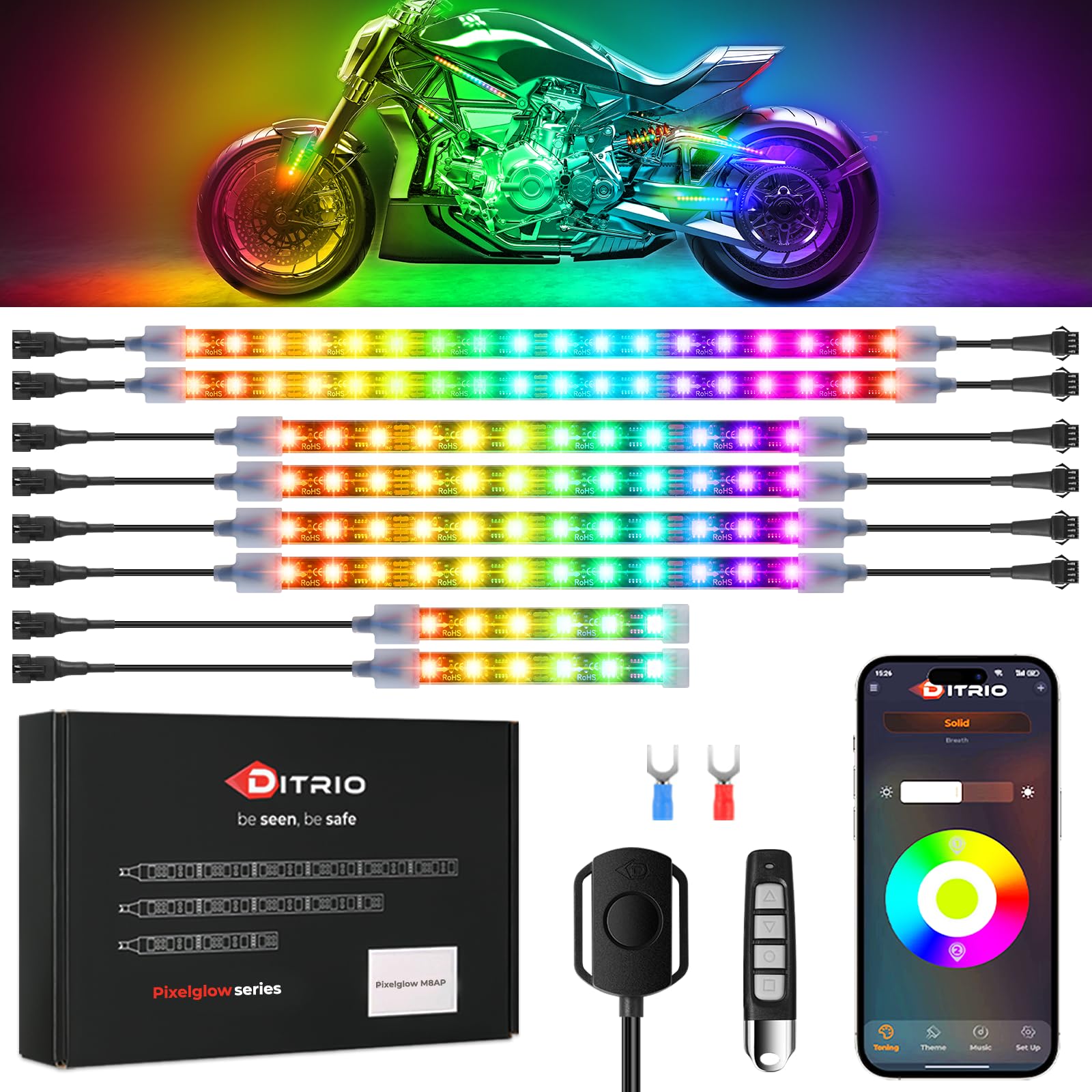 Ditrio 8Pcs Underglow Led Strip Light Kit With App Control, Dual Zone, Brake Turn Signal, 12V Waterproof Pixelglow Effects For M