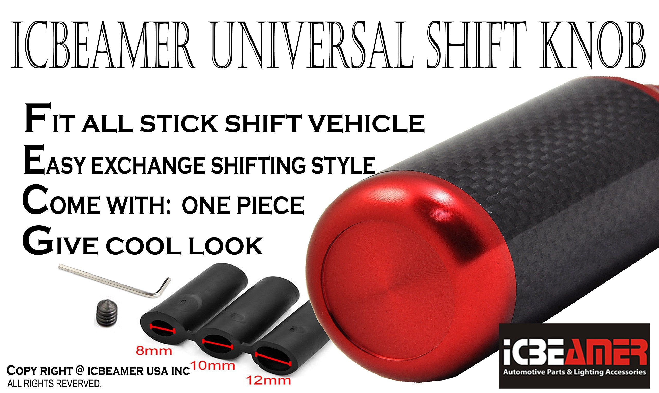 ICBEAMER Red Aluminum w/Carbon Fiber 3.25'' Shift Knob, Tall Fit Automatic and 4, 5 and 6 Speed Manual Transmission Vehicles, In