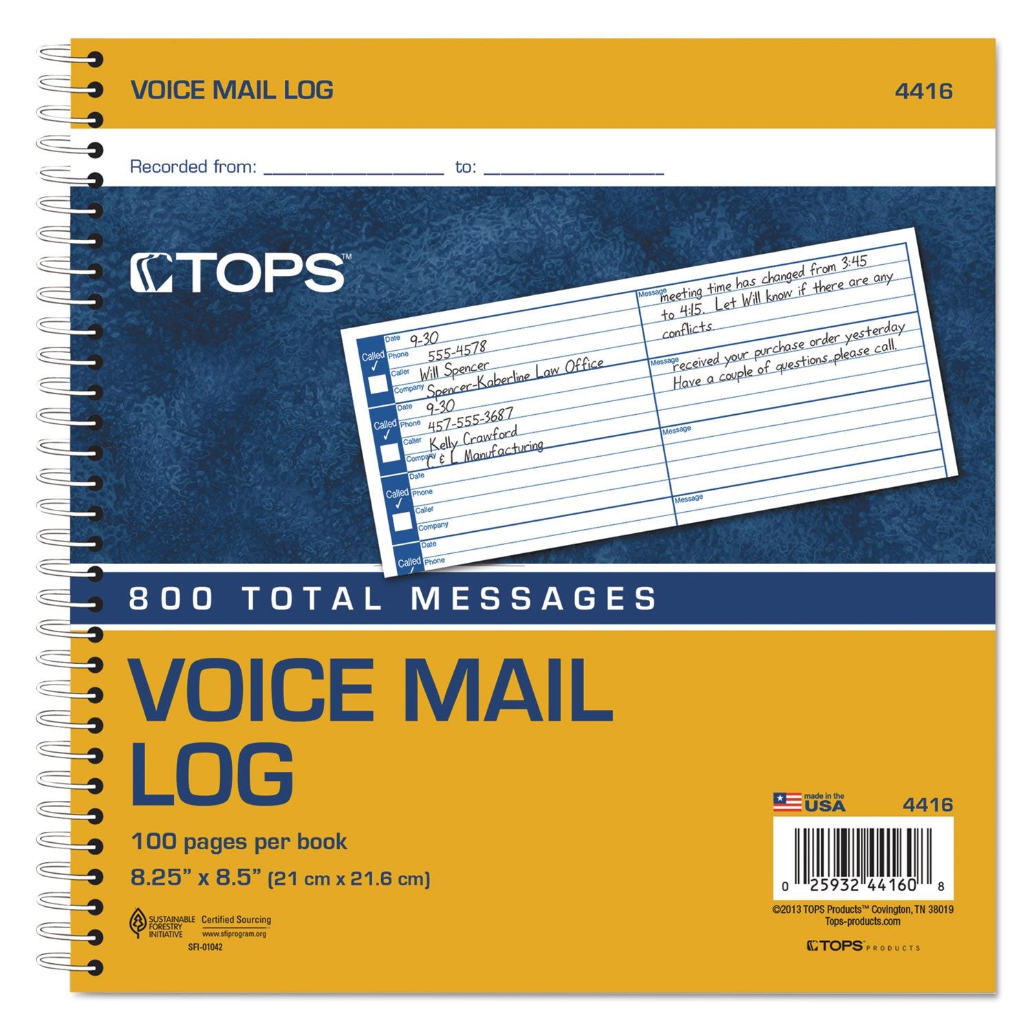 Tops Spiral Voice Message Log Book, 2-Sided, 1-Part, 8.5 X 8.25 Inches, 8 Messages Per Page, 800-Message Book (4416) , Manila
