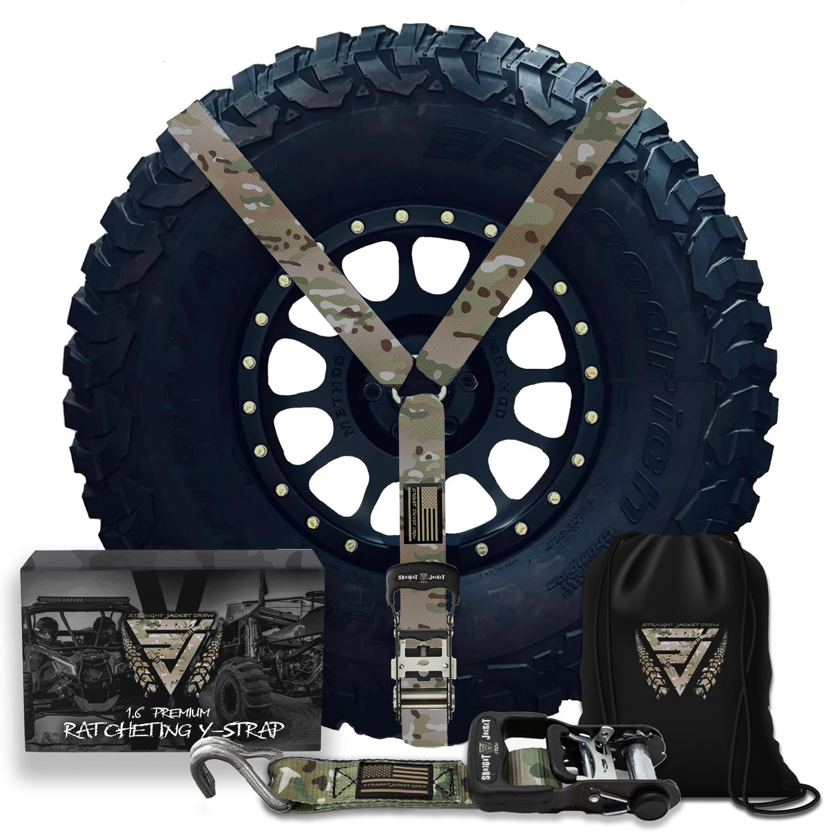 Y Strap For Spare Tire - Heavy Duty Spare Tire Strap 3 Point Ratchet For Utv, Offroad Accessories Or Roof Rack | 1.6'' Wide 3 Wa