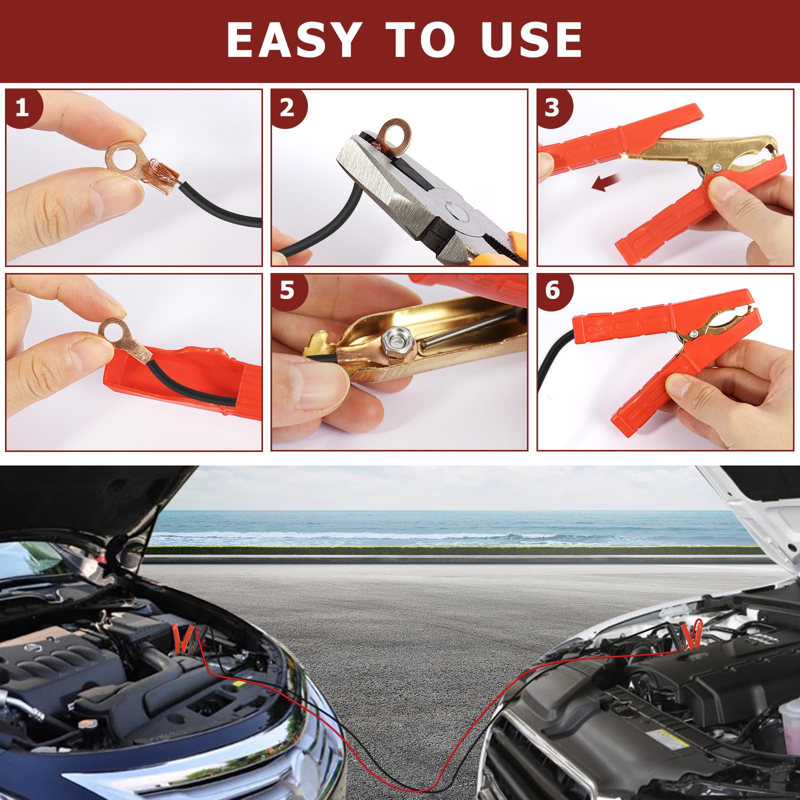 Jumper Cable Clamps 1 Pair, Battery Clamps Pure Copper, Battery Charger Clamps 4 Inch, Jumper Cable Ends Heavy Duty With Insulat